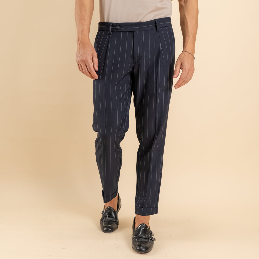 Pantalone gessato slim con chiusura laterale - Blu