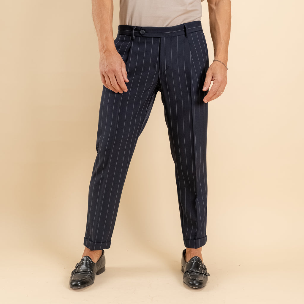 Pantalone gessato slim con chiusura laterale - Blu
