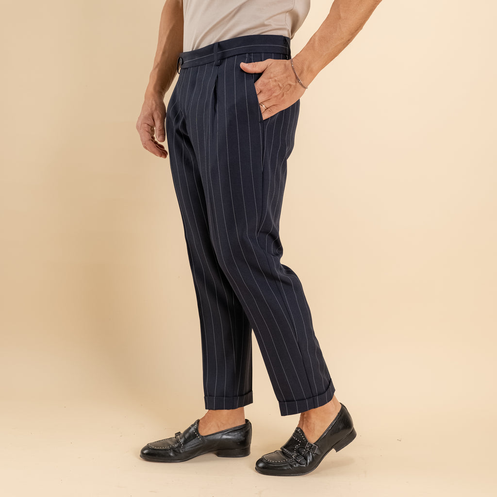 Pantalone gessato slim con chiusura laterale - Blu