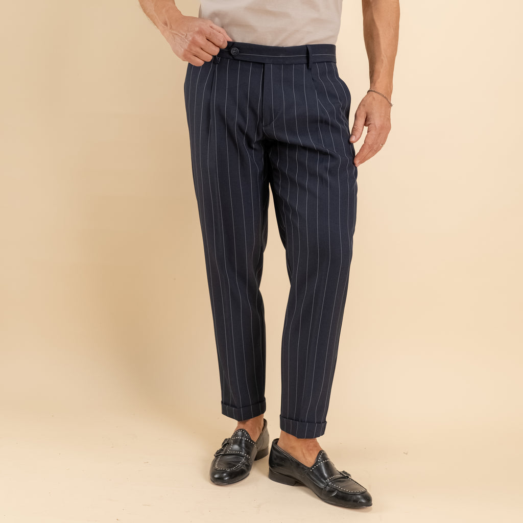 Pantalone gessato slim con chiusura laterale - Blu