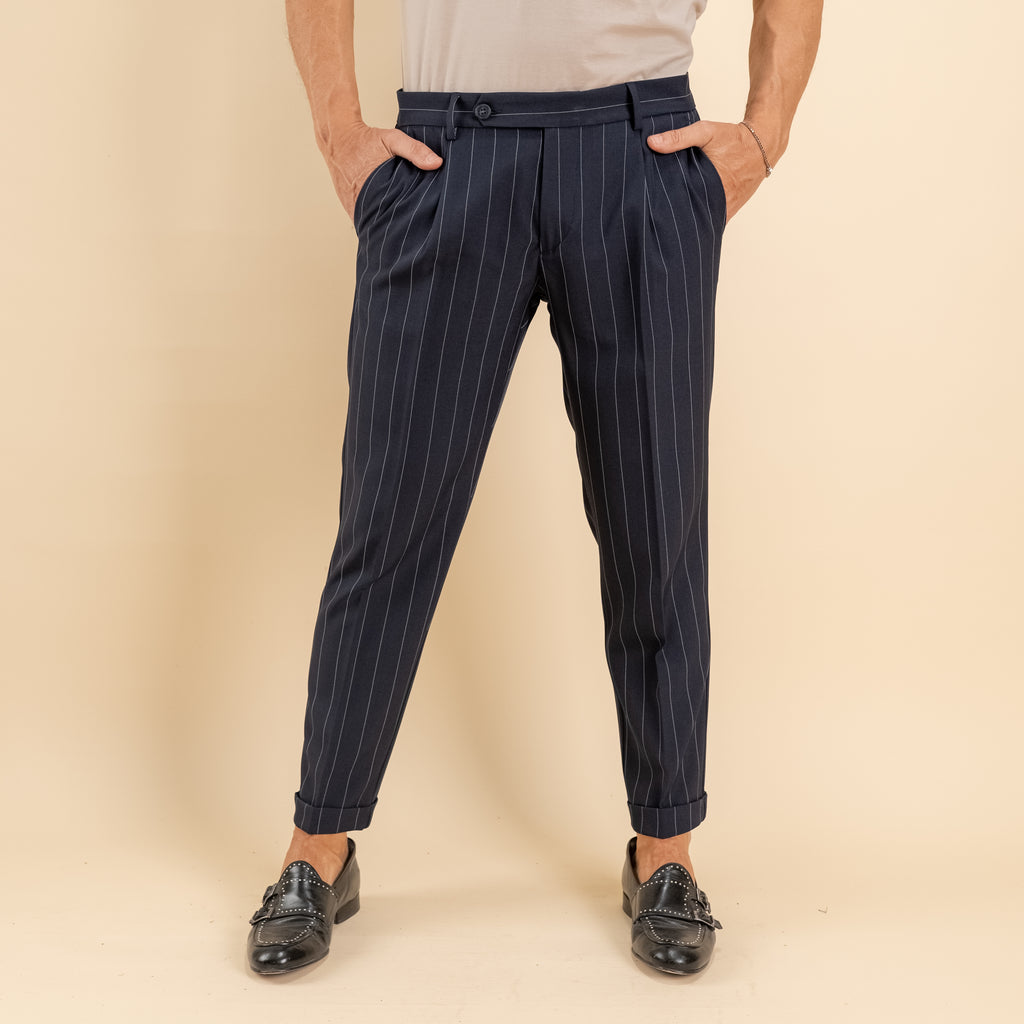 Pantalone gessato slim con chiusura laterale - Blu
