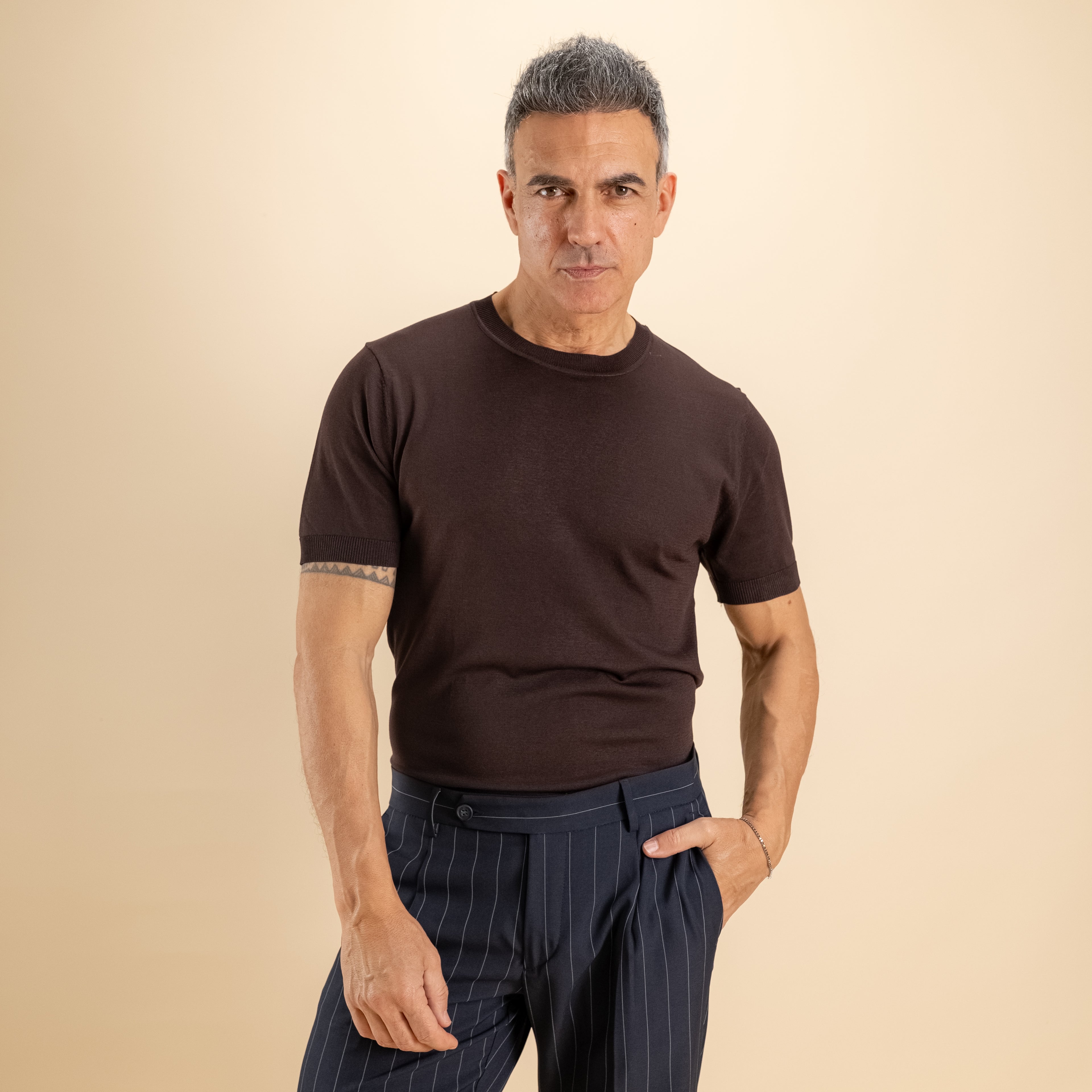T-shirt in filo maglia - Moro