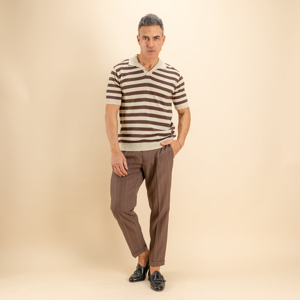 Pantalone gessato slim con chiusura laterale - Moro