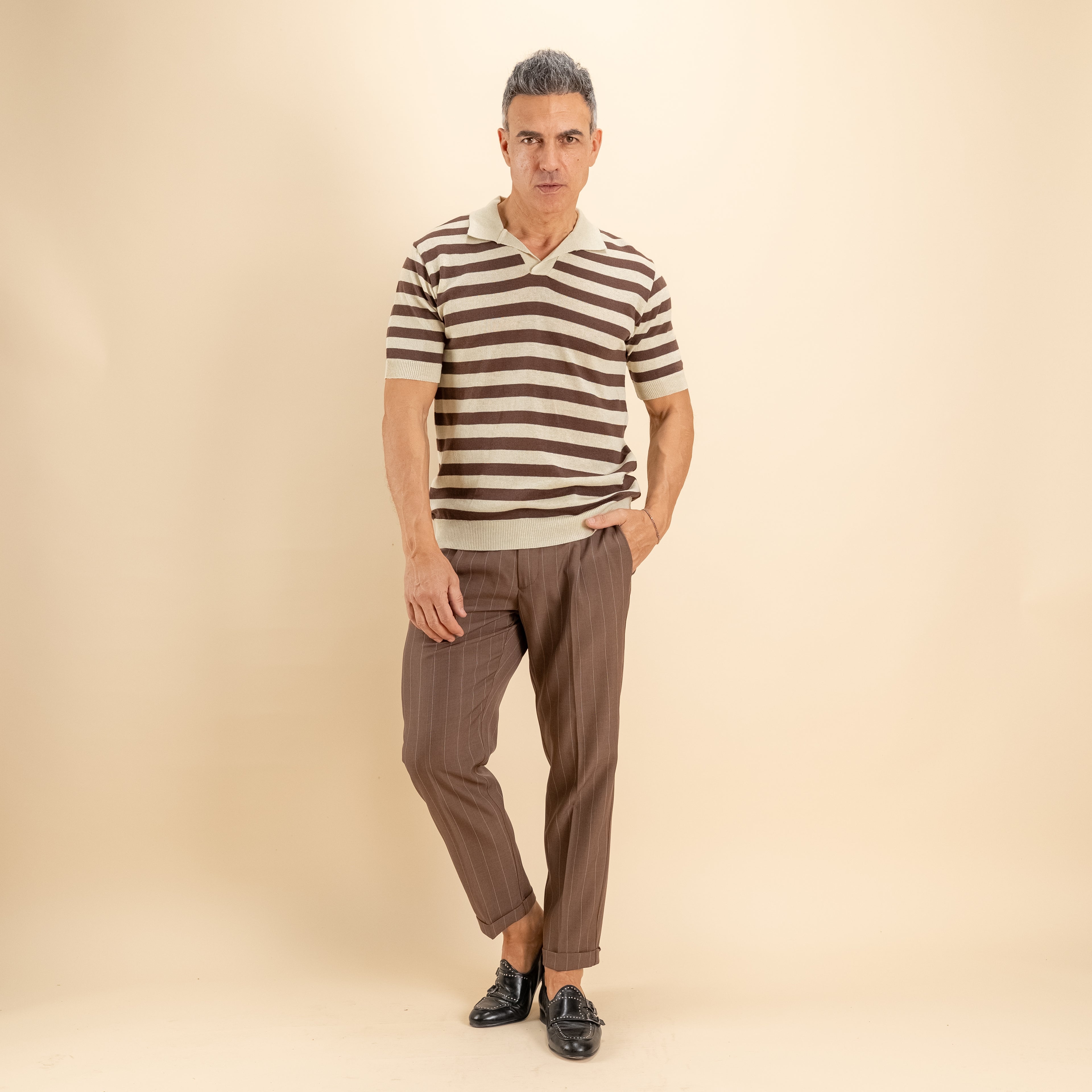 Pantalone gessato slim con chiusura laterale - Moro