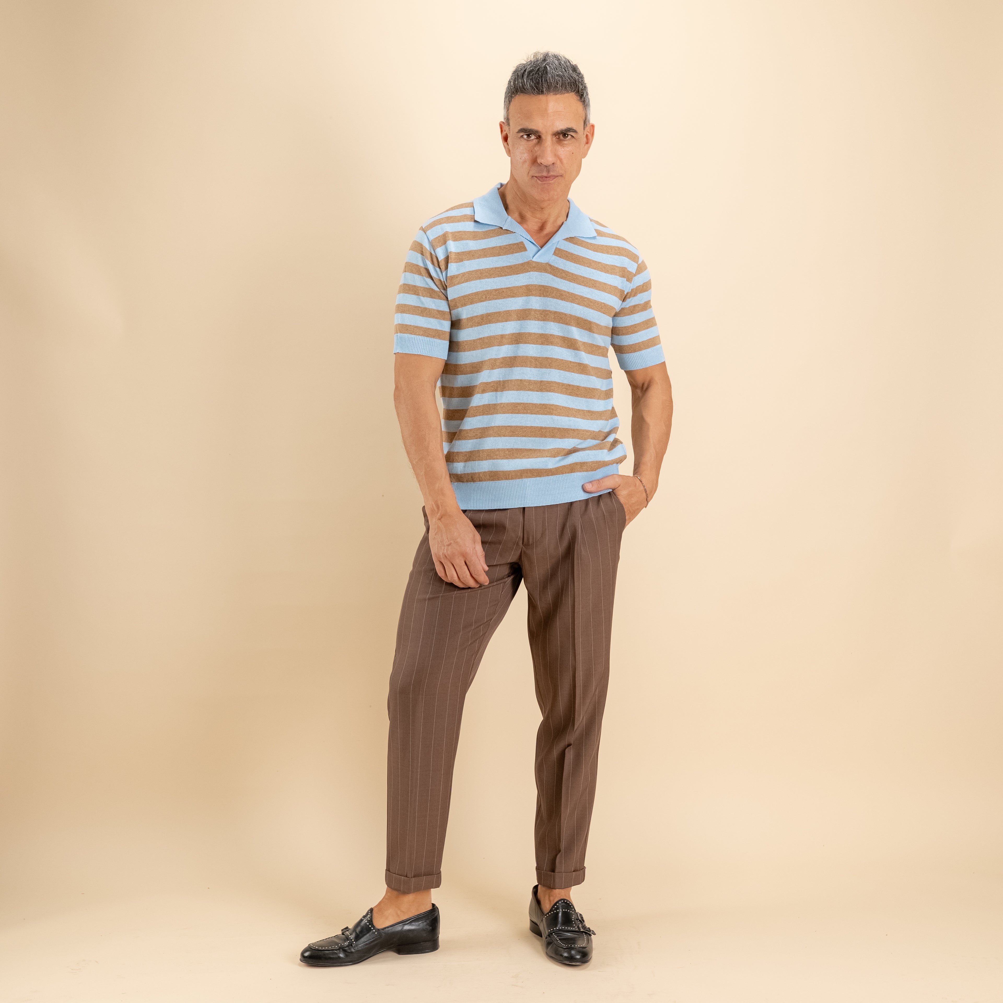 Polo in filo derby a righe - Blu