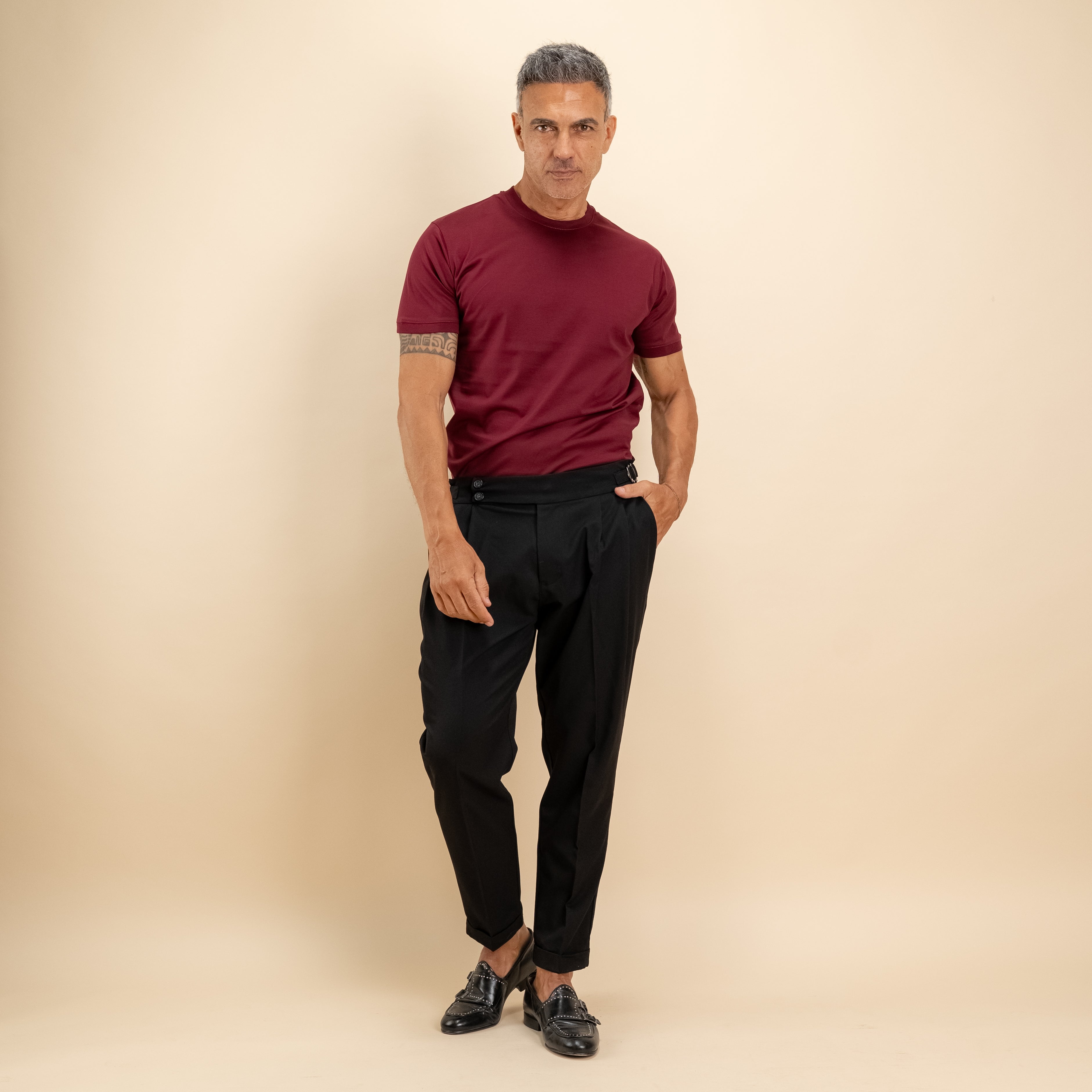 T-shirt in Filo di Scozia 2.0 con bordi a costina - Bordeaux