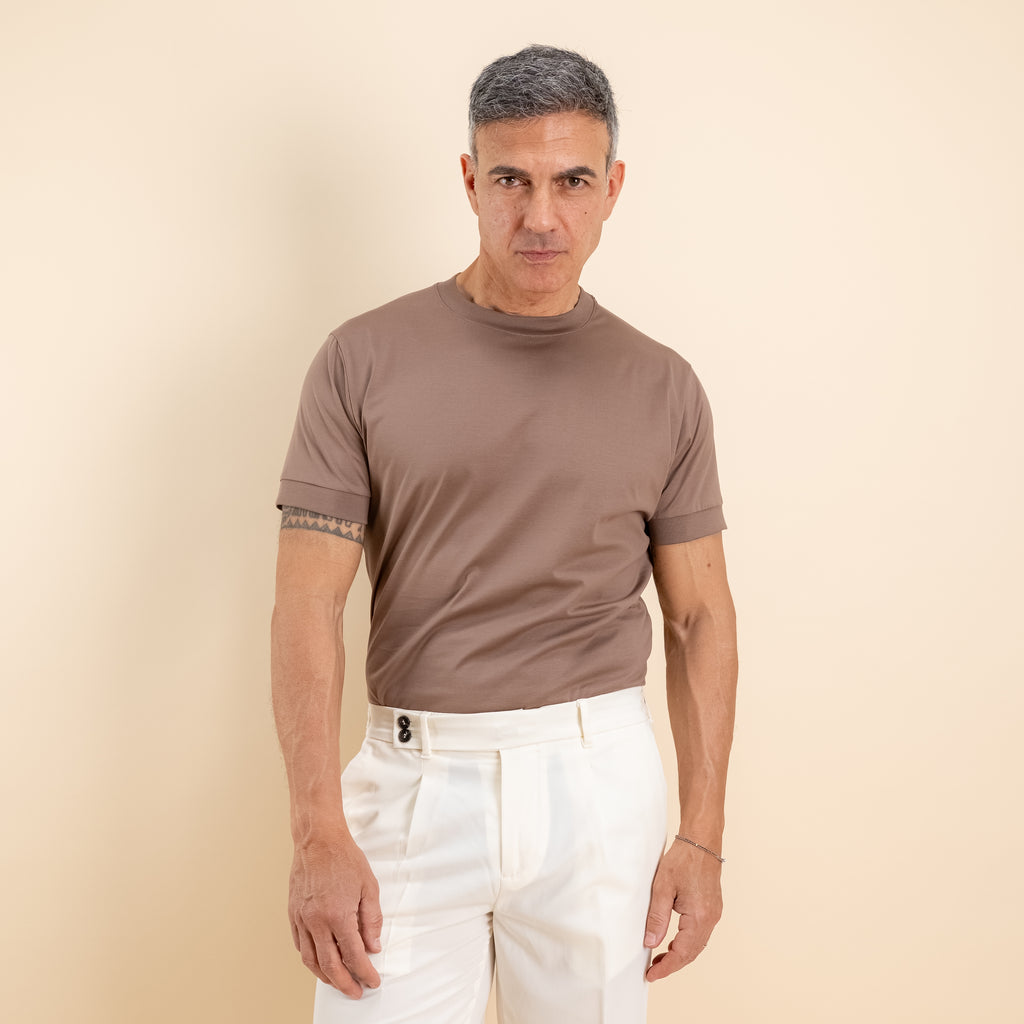 T-shirt in Filo di Scozia 2.0 con bordi a costina - Fango