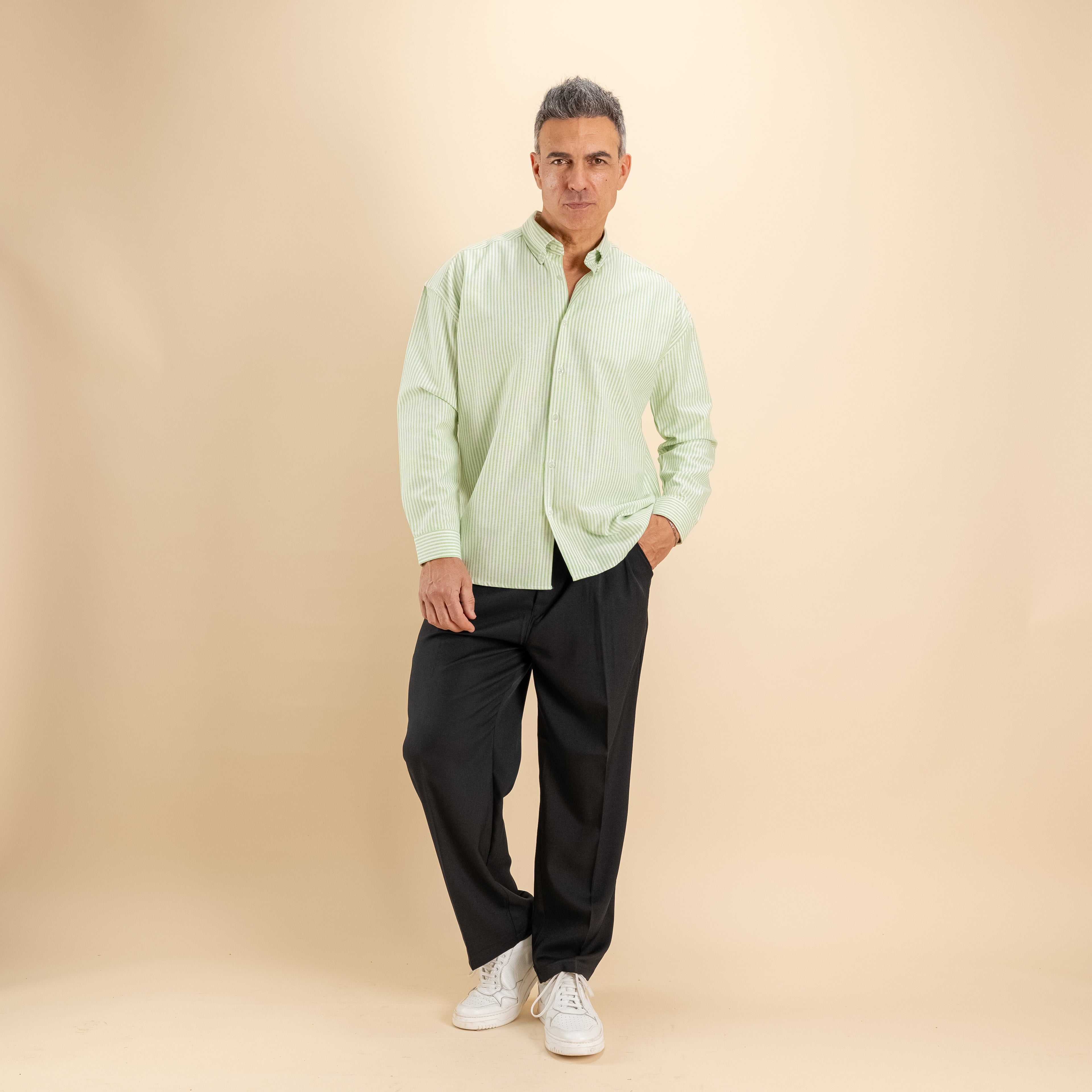 Camicia oversize a righe button down - Verde