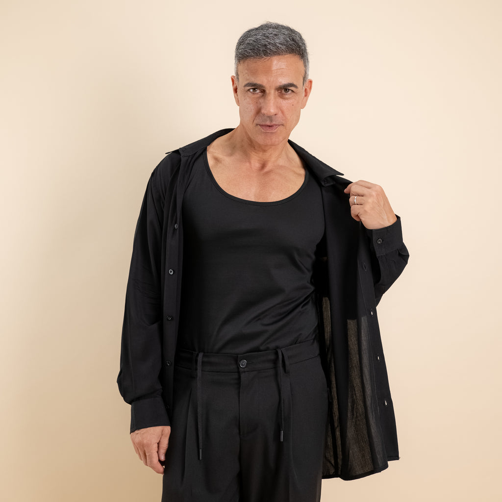 T-shirt effetto seta scollo a barca slim fit - Nero