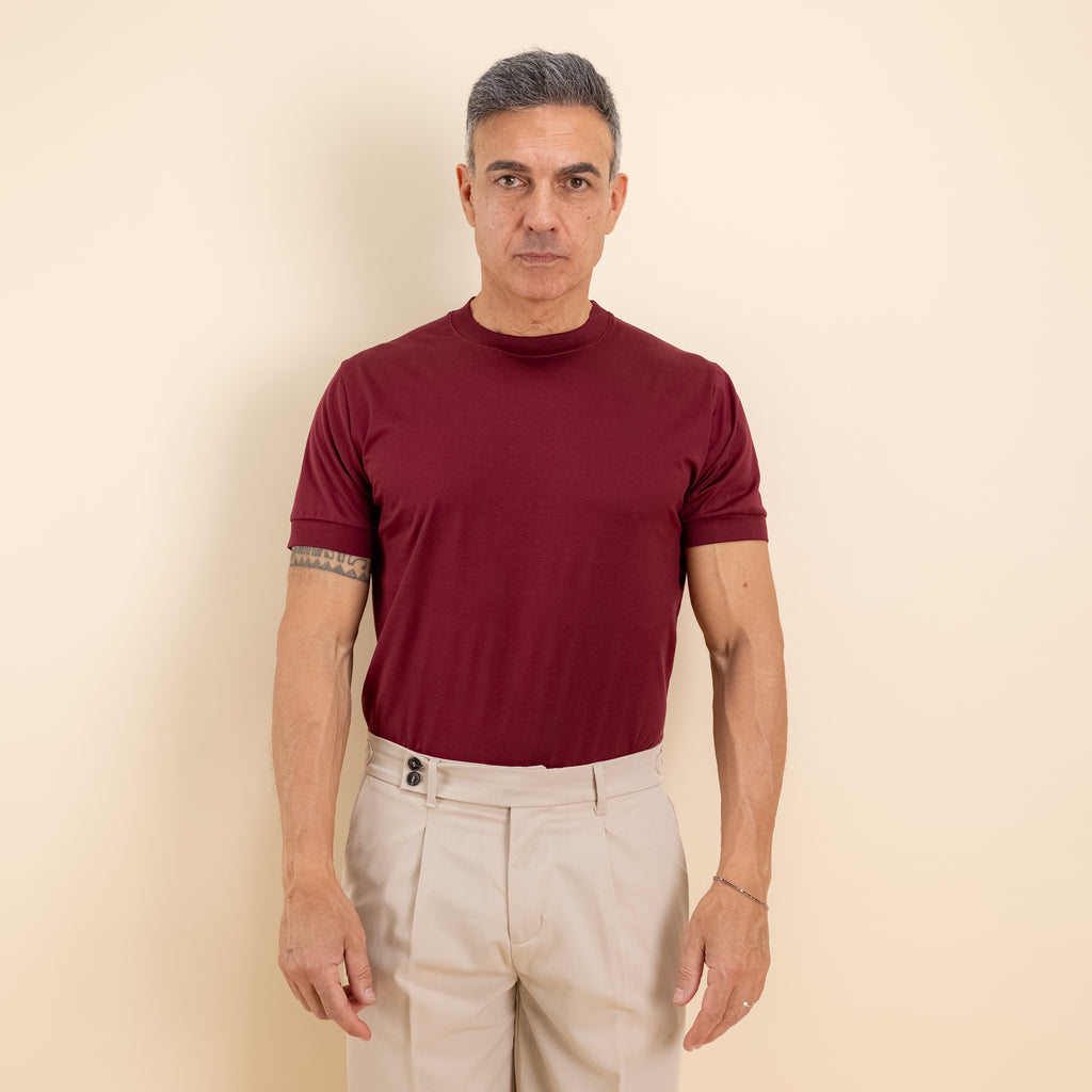 T-shirt in Filo di Scozia 2.0 con bordi a costina - Bordeaux