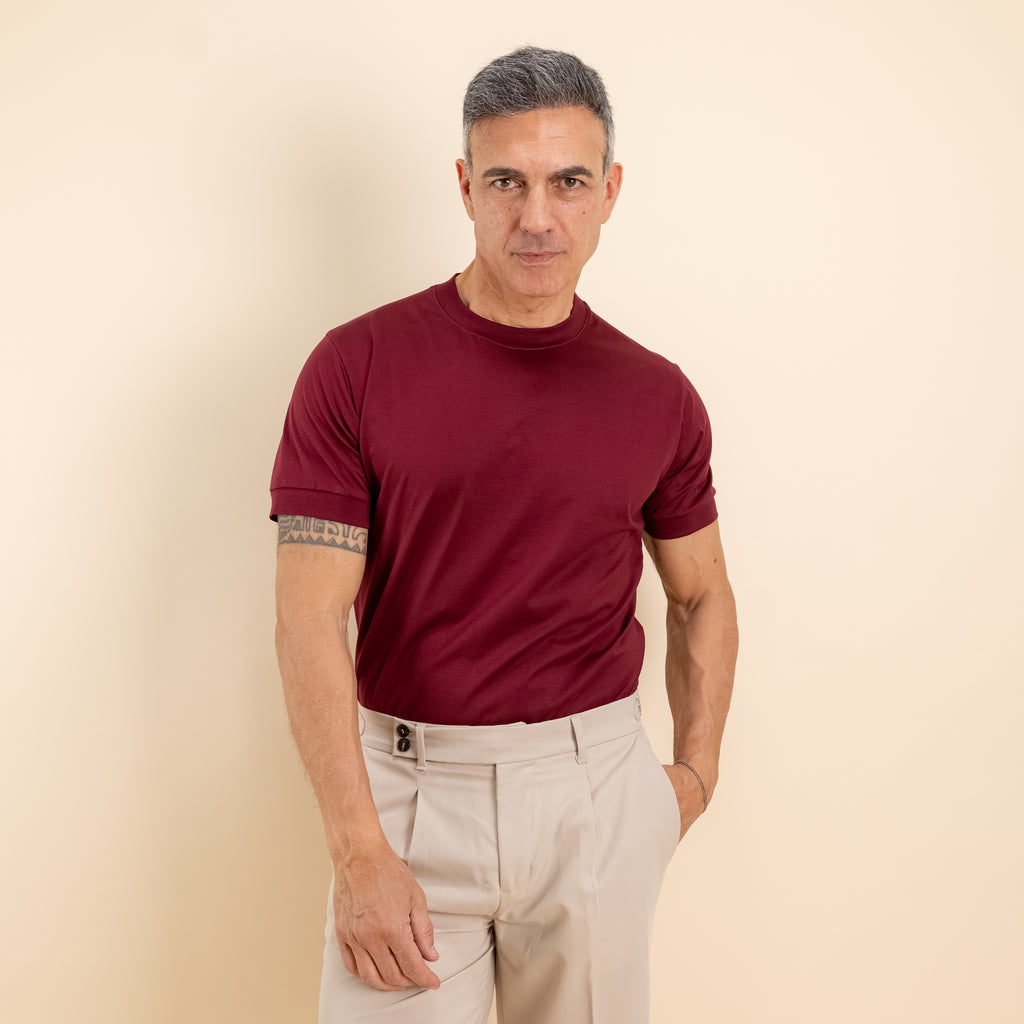 T-shirt in Filo di Scozia 2.0 con bordi a costina - Bordeaux