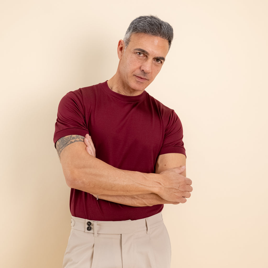 T-shirt in Filo di Scozia 2.0 con bordi a costina - Bordeaux