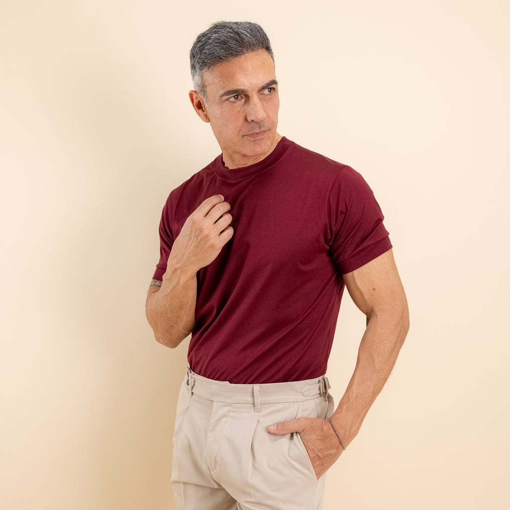 T-shirt in Filo di Scozia 2.0 con bordi a costina - Bordeaux