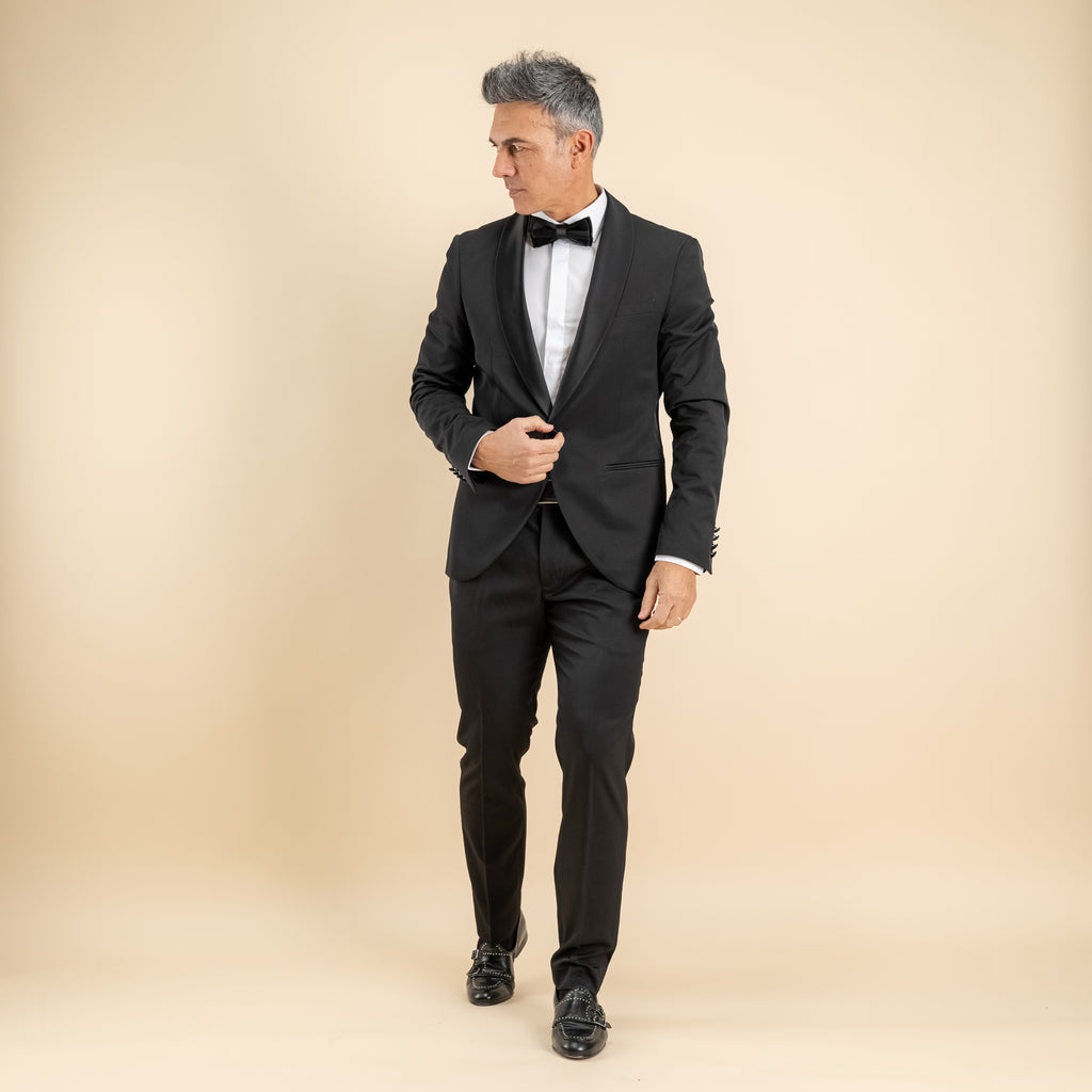 Smoking con rever sciallato effetto raso - Nero