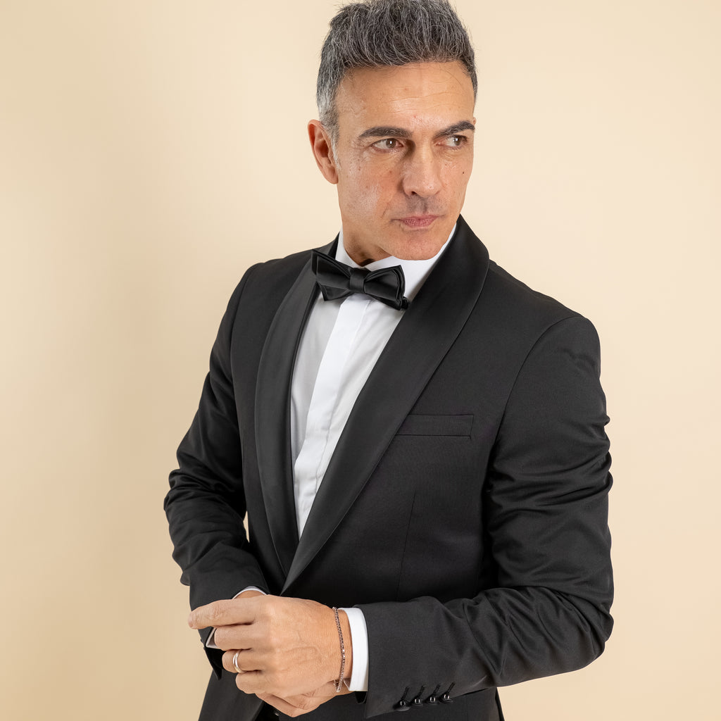 Smoking con rever sciallato effetto raso - Nero