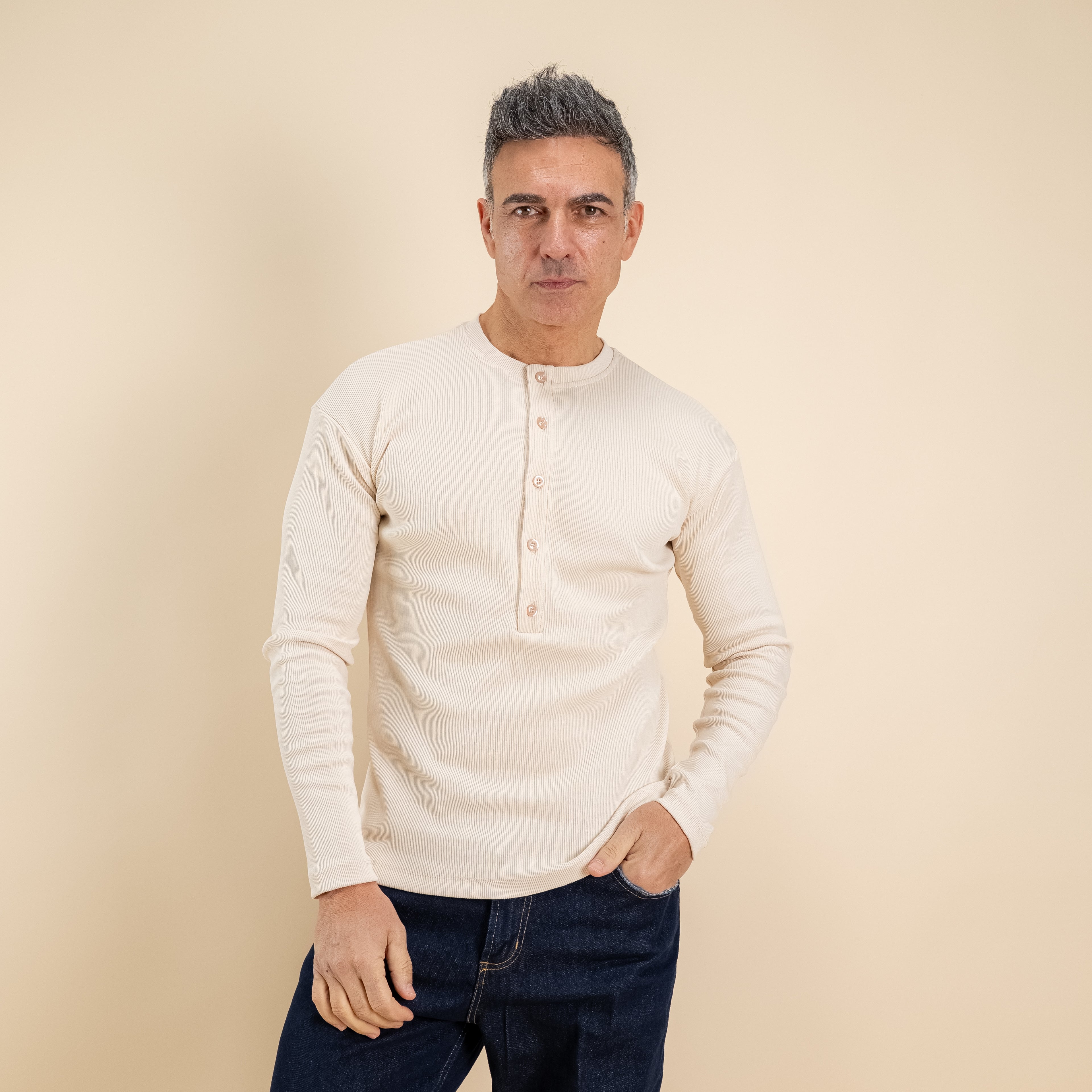 Maglia serafino a costine - Beige