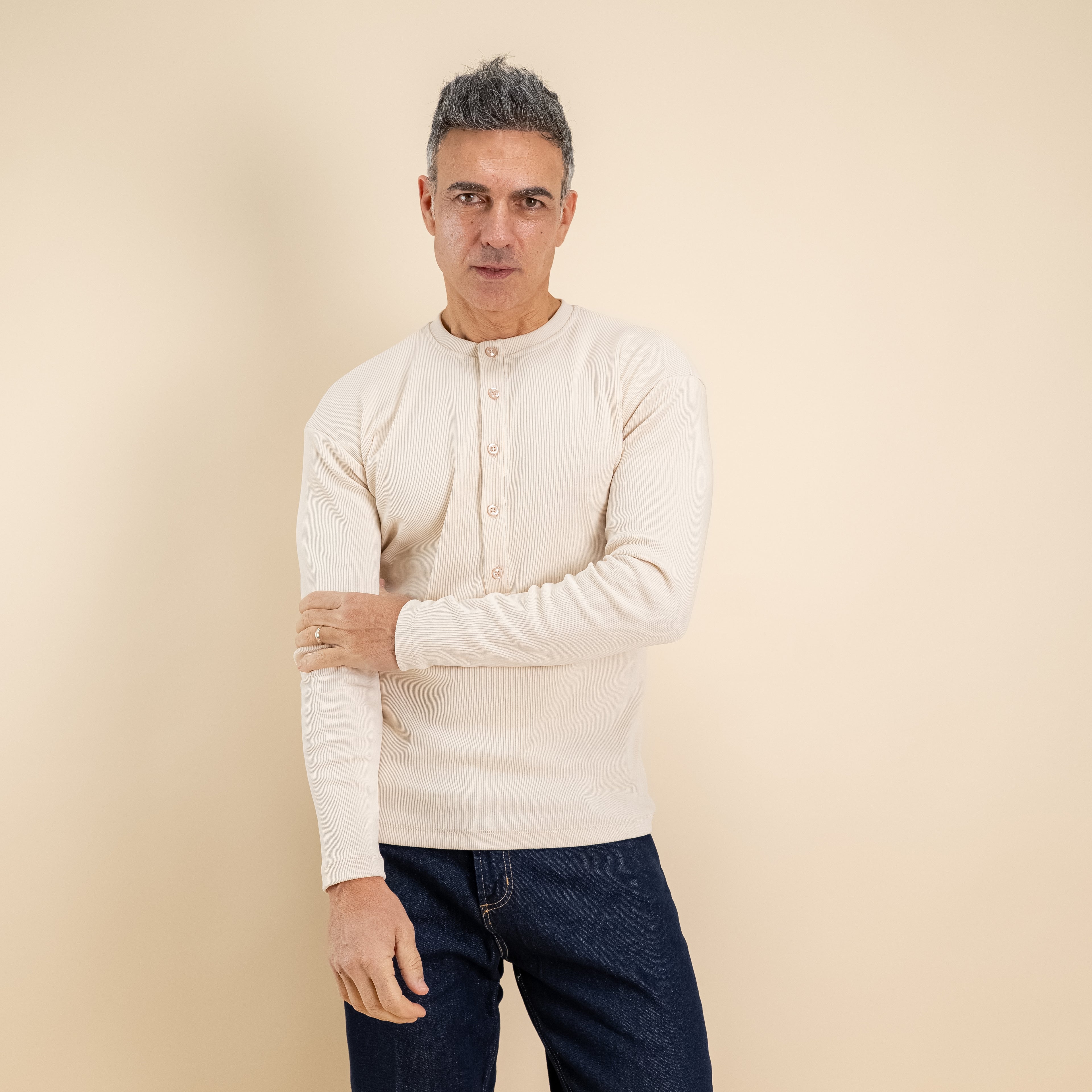 Maglia serafino a costine - Beige