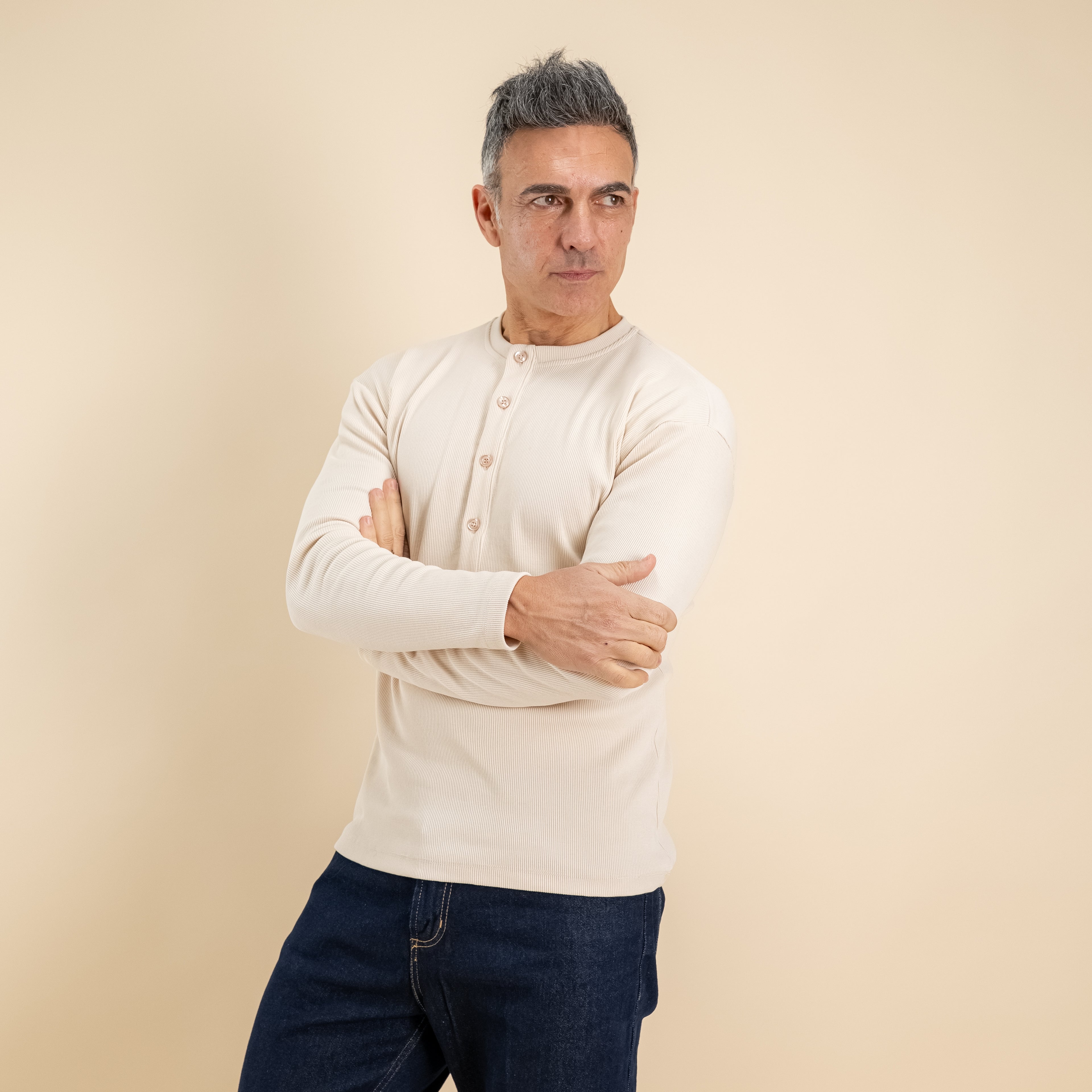 Maglia serafino a costine - Beige