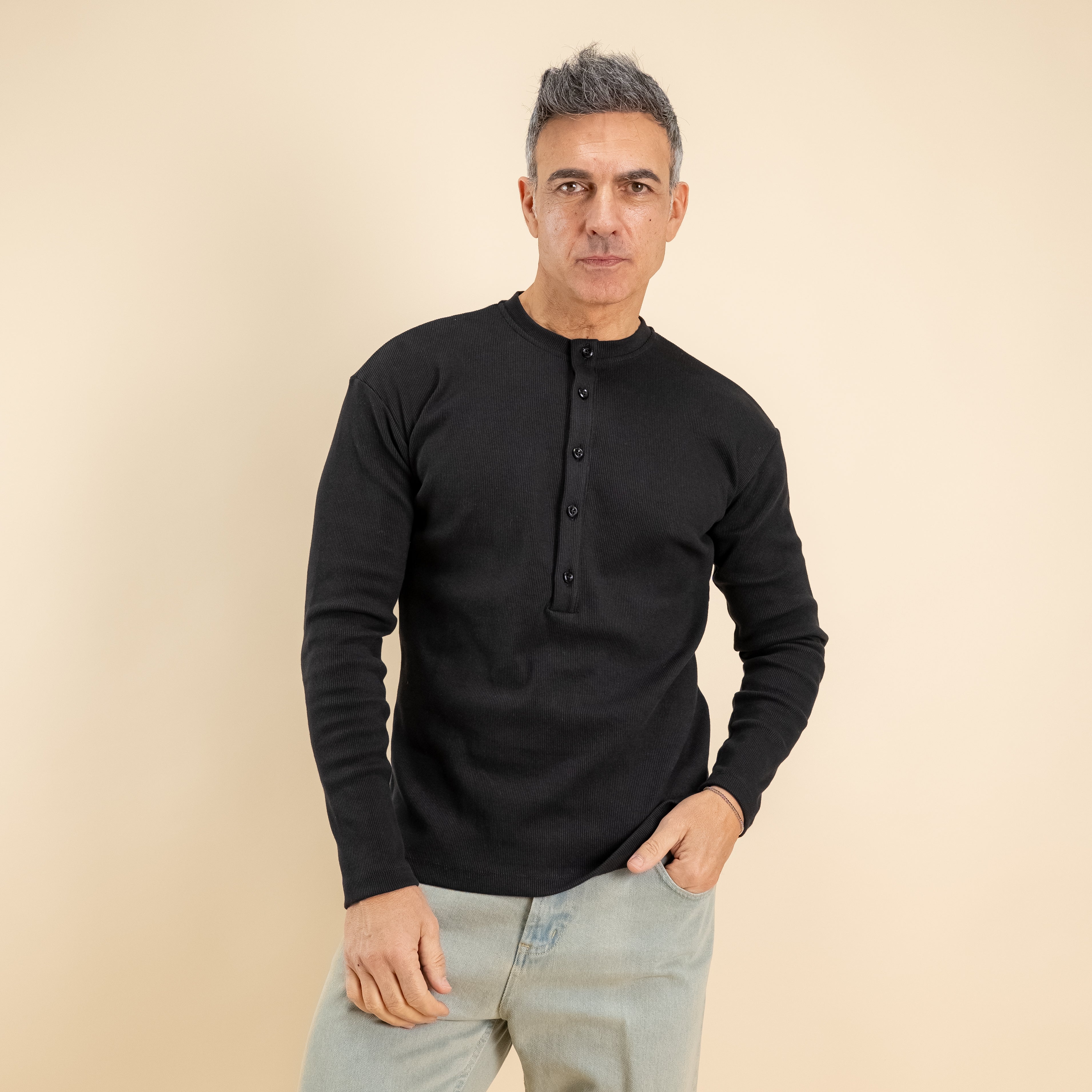 Maglia serafino a costine - Nero