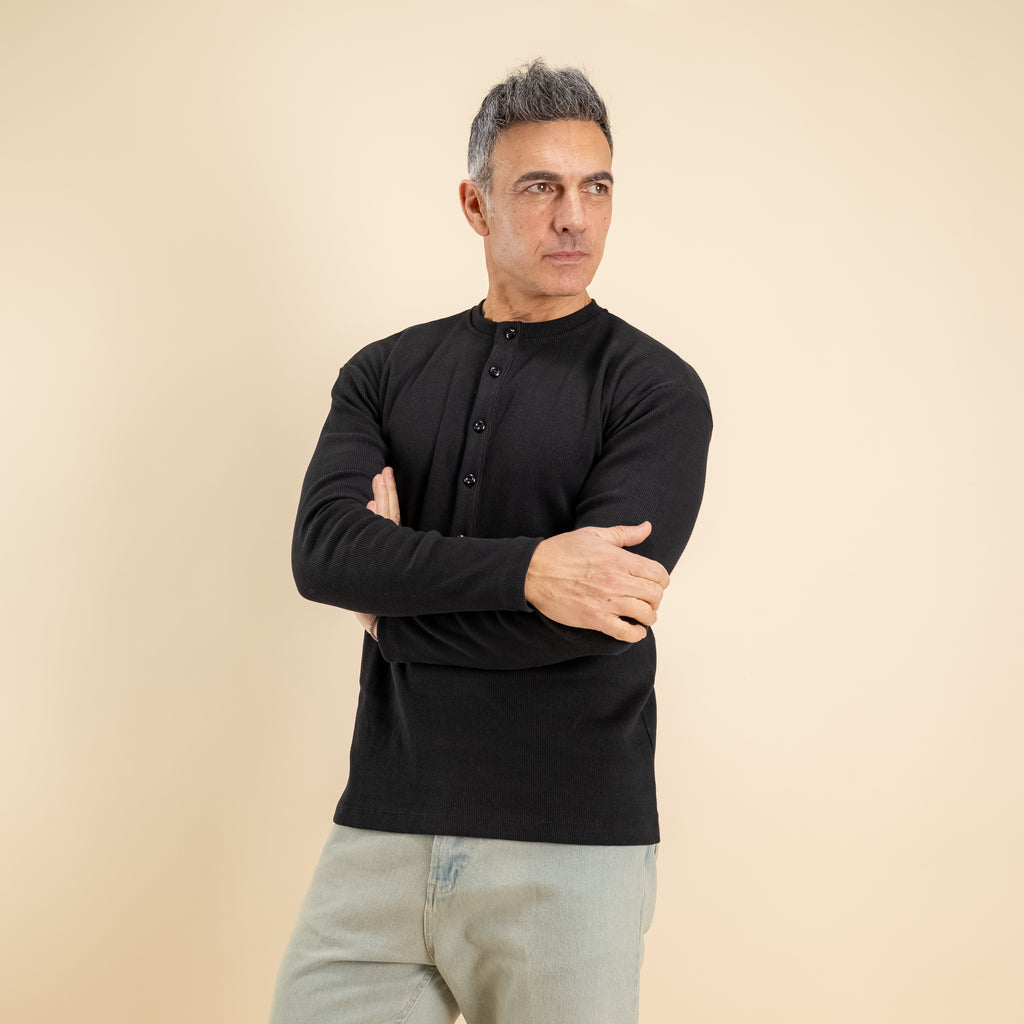 Maglia serafino a costine - Nero