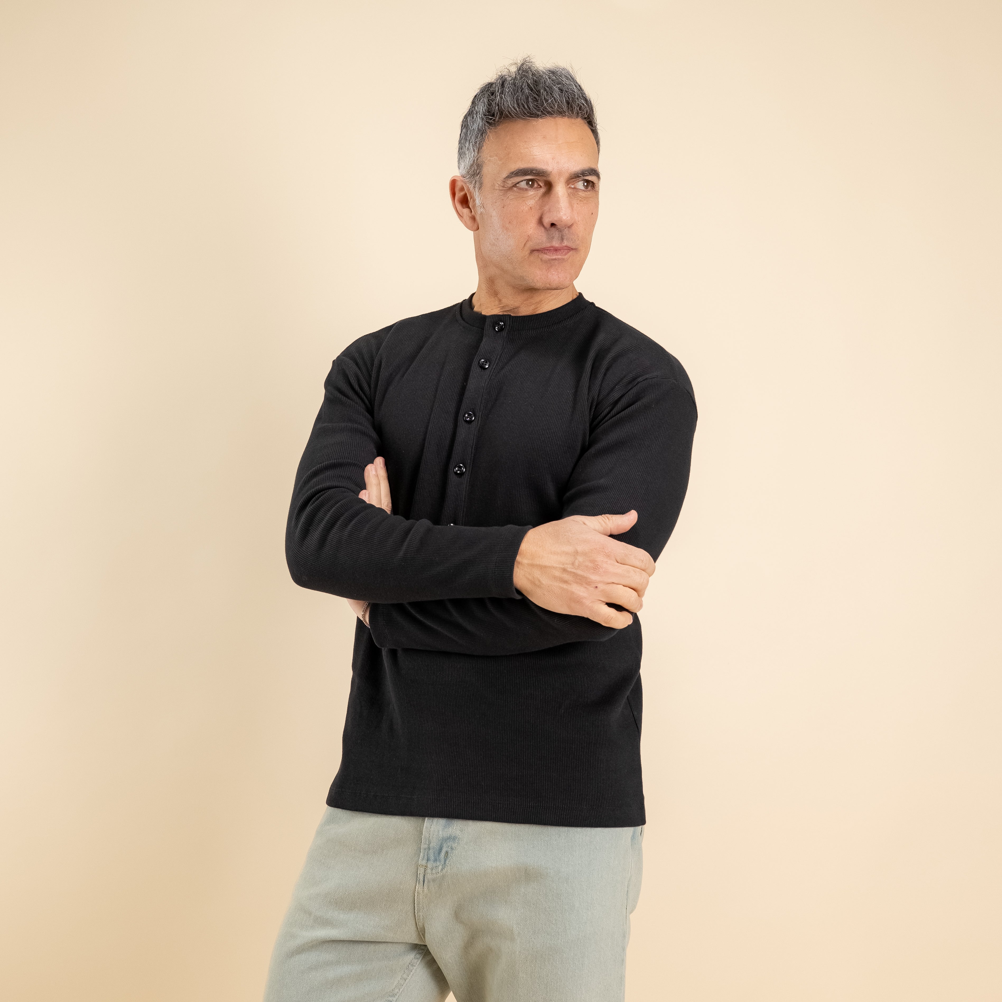 Maglia serafino a costine - Nero