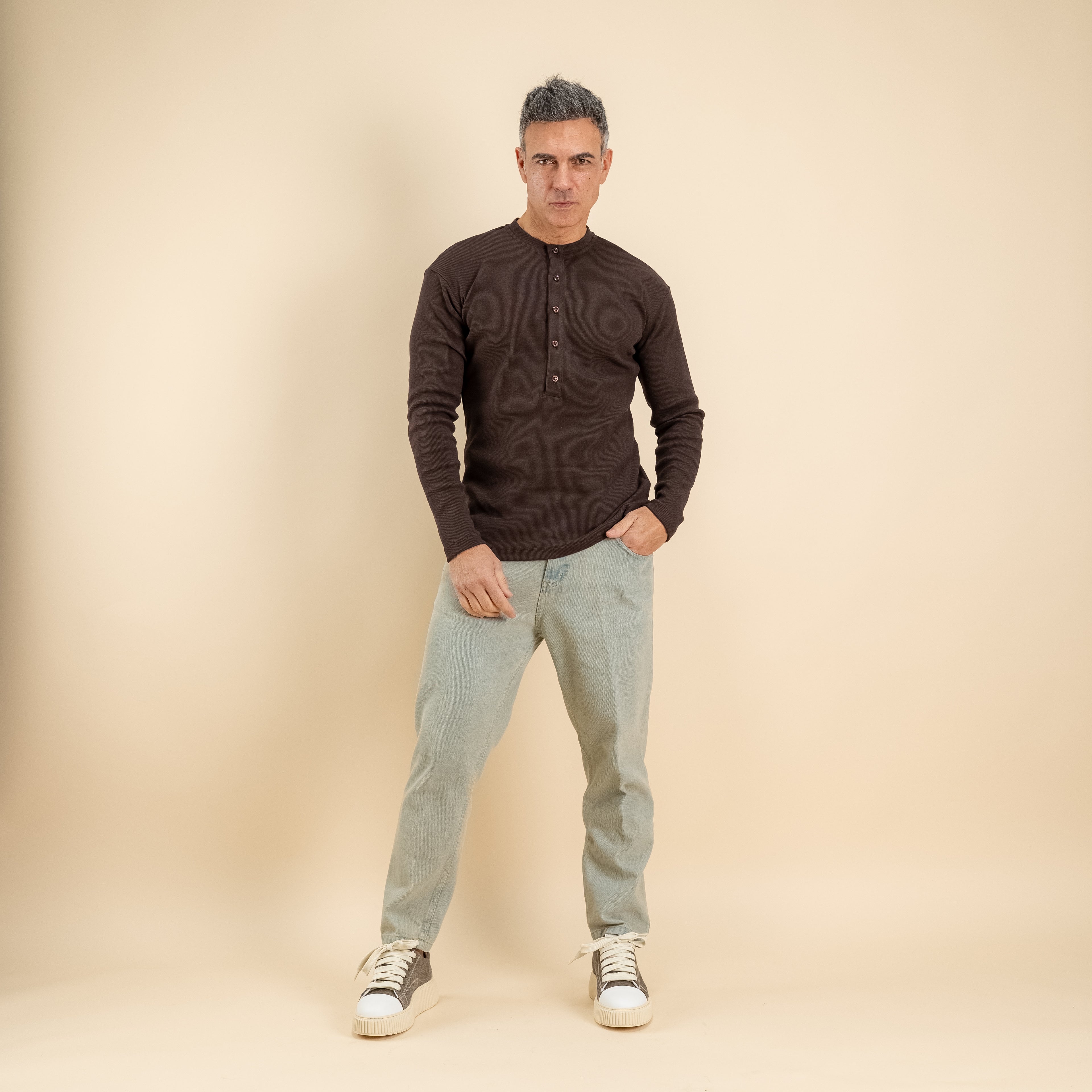 Maglia serafino a costine - Marrone