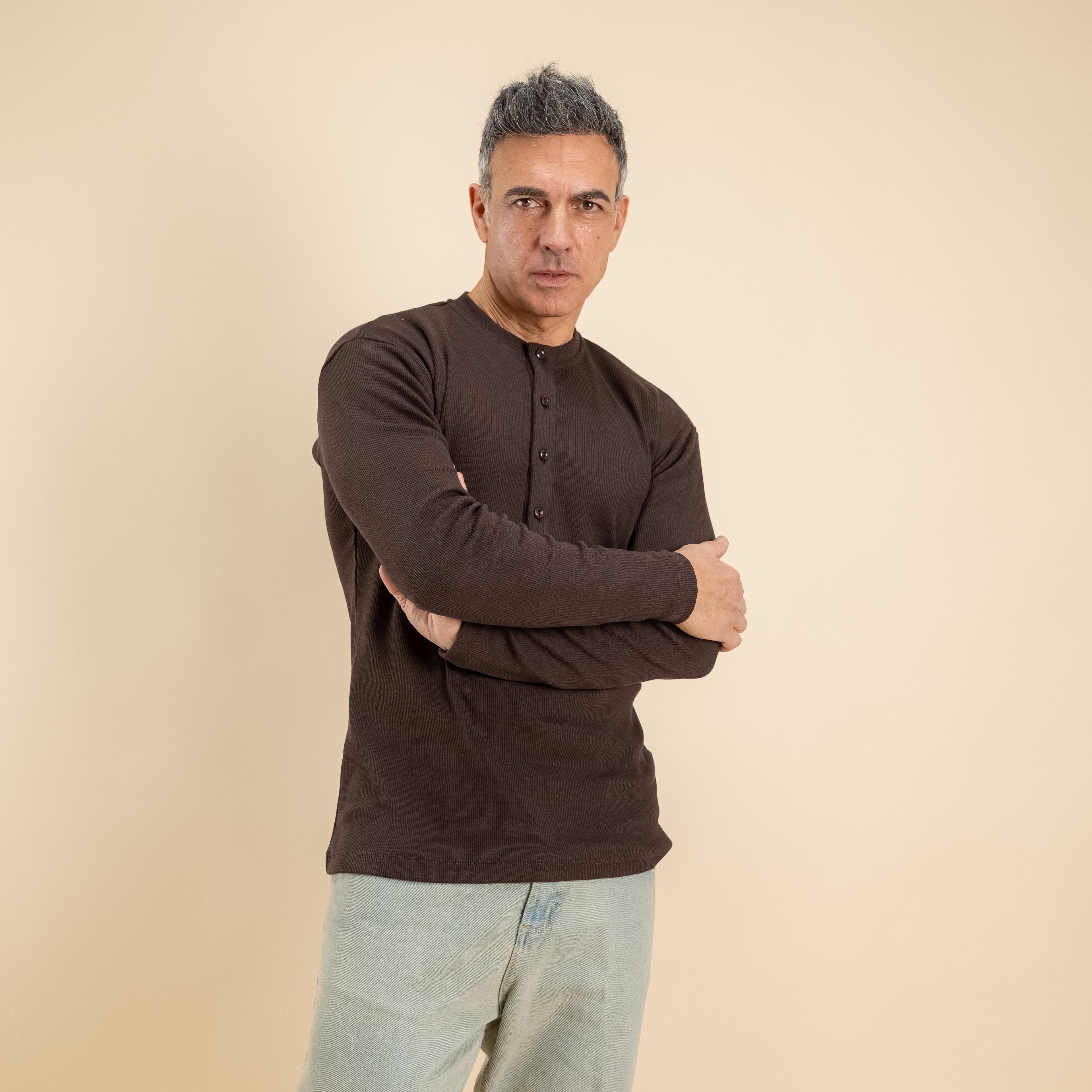 Maglia serafino a costine - Marrone