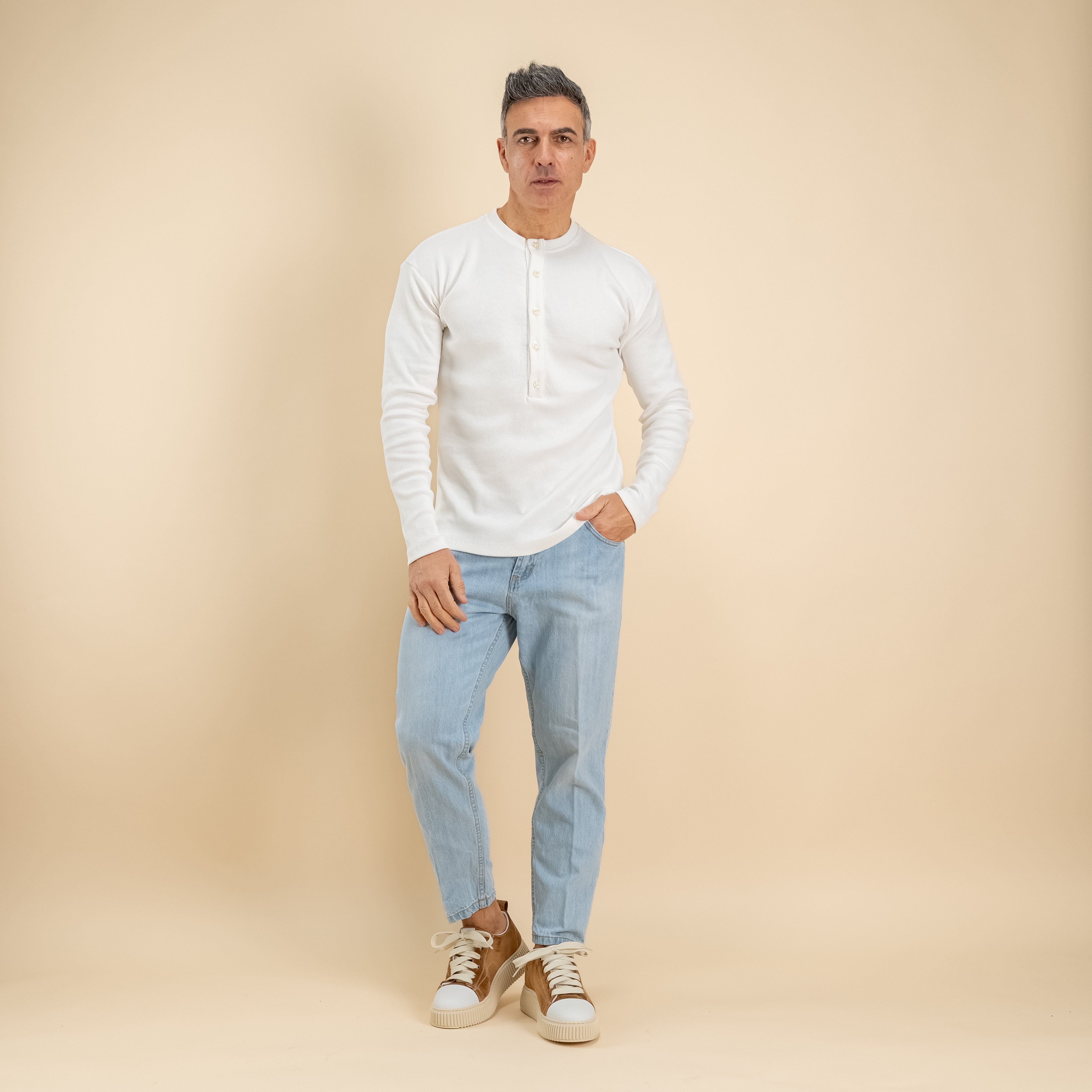 Maglia serafino a costine - Bianco