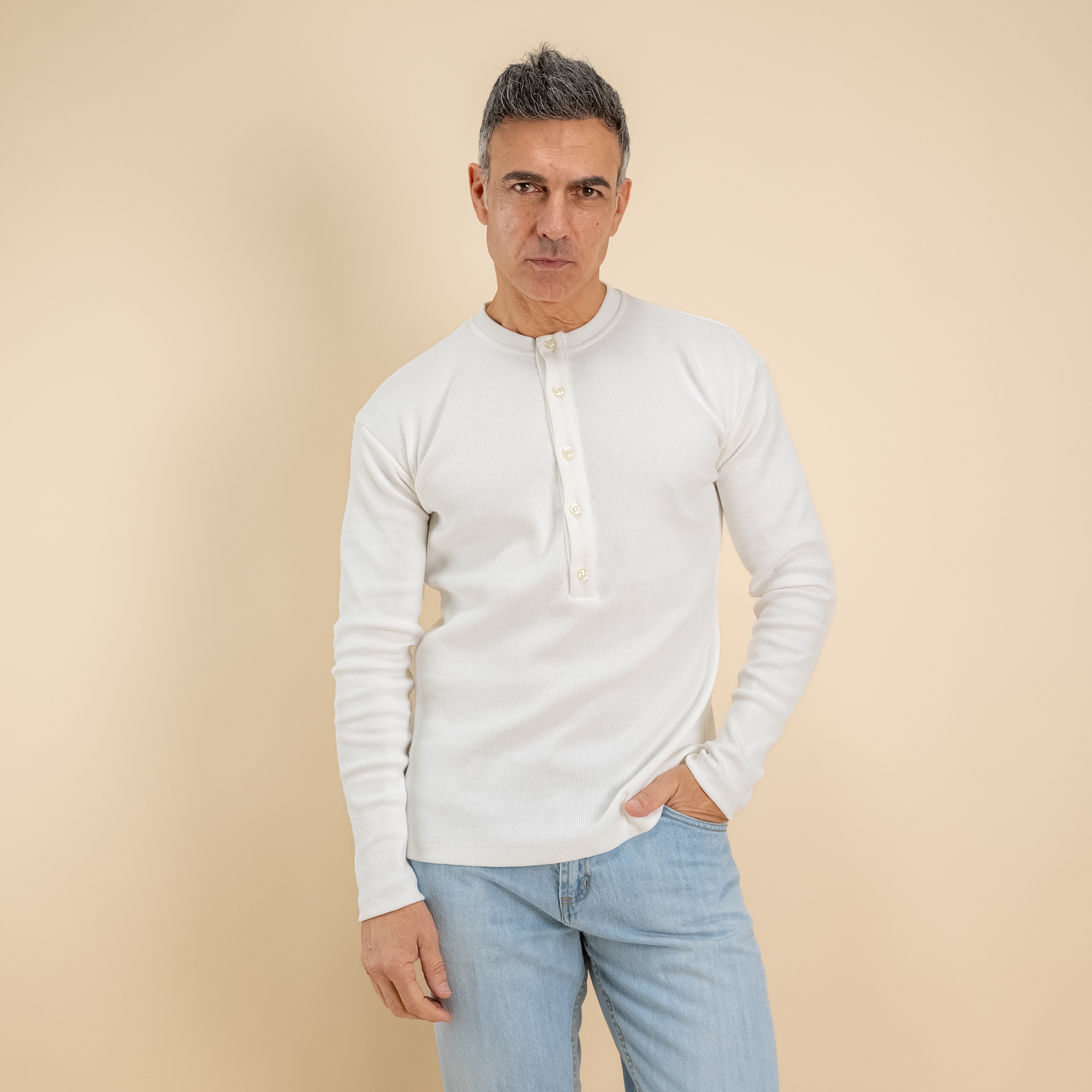 Maglia serafino a costine - Bianco