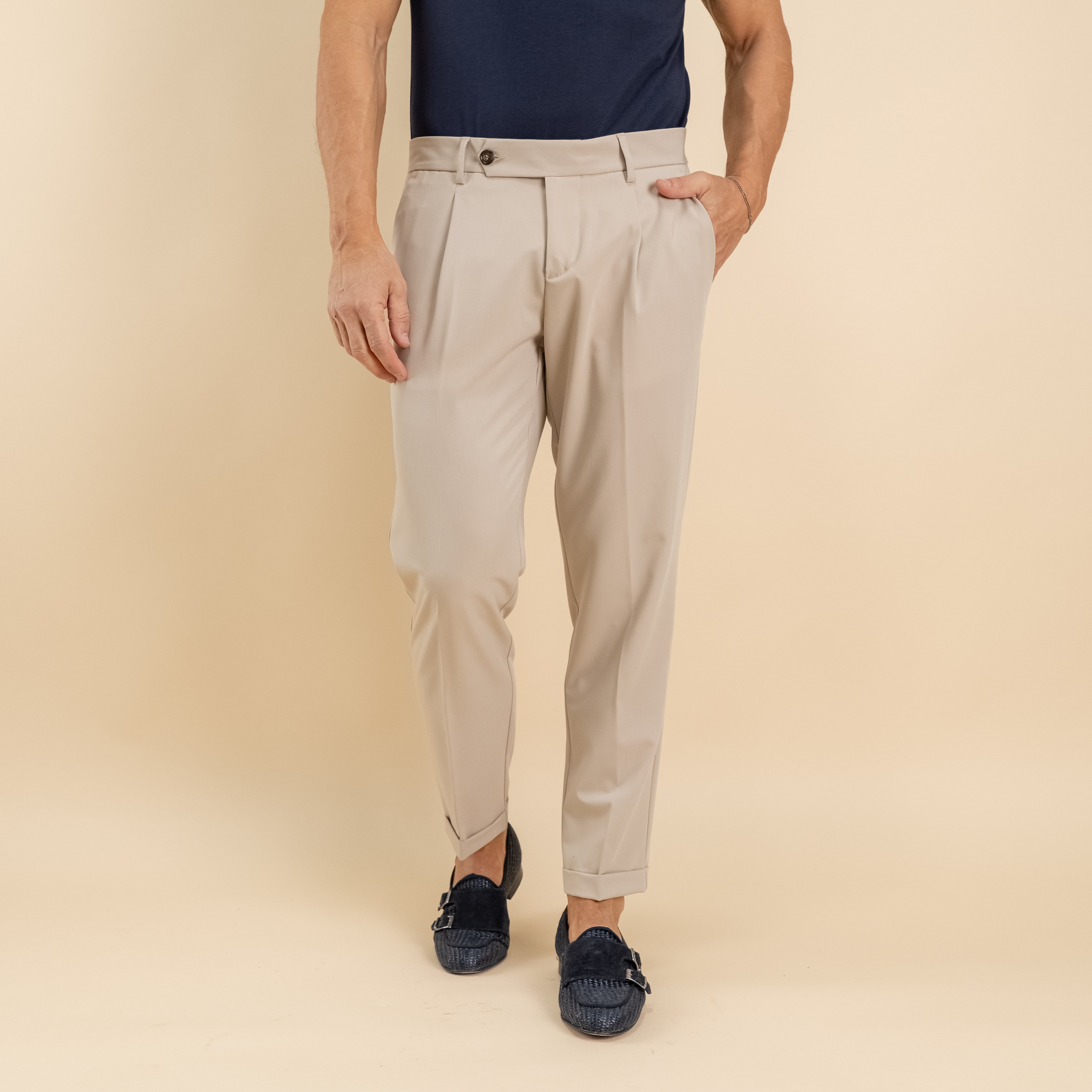 Pantalone slim fit con Pinces e risvolto - Avorio