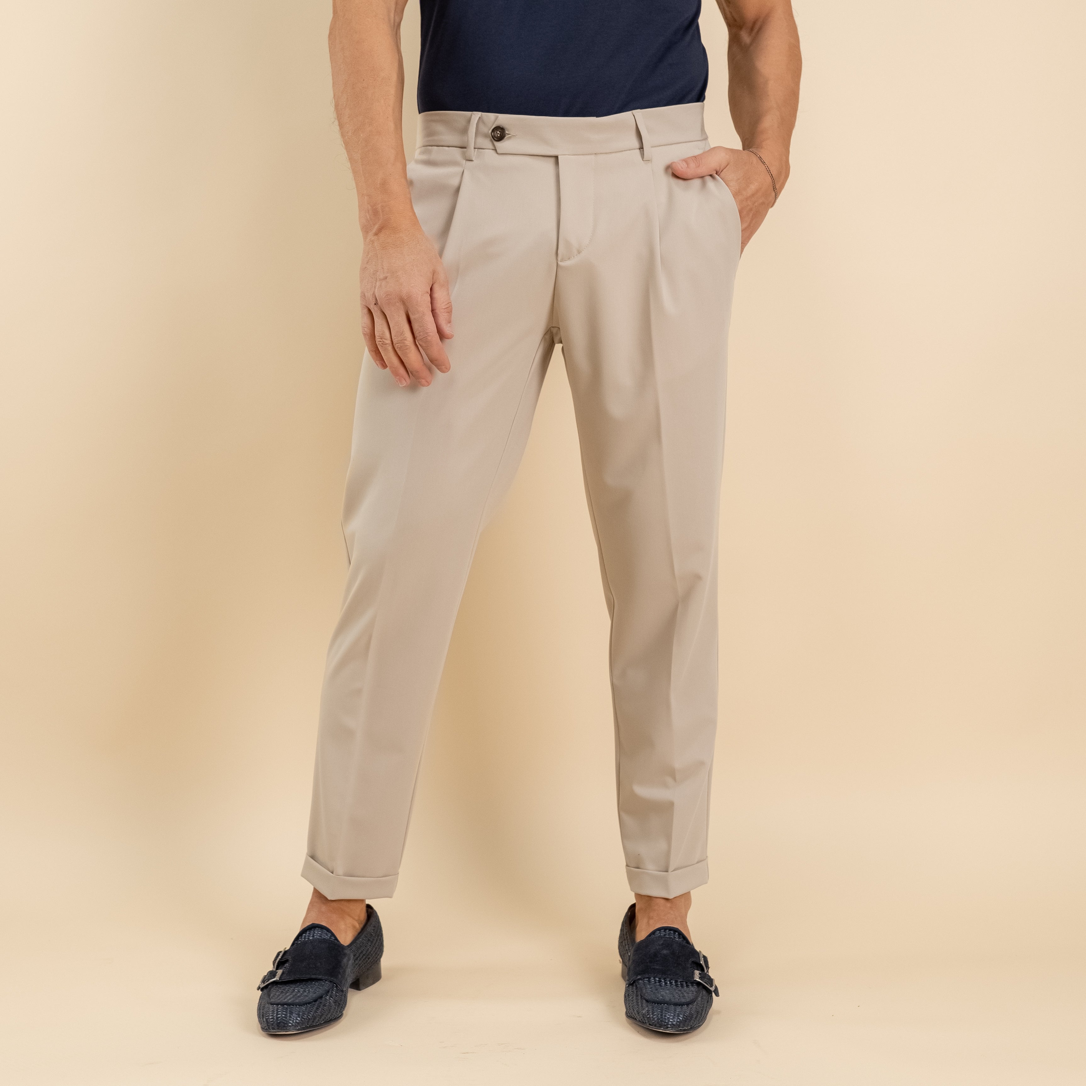 Pantalone slim fit con Pinces e risvolto - Avorio
