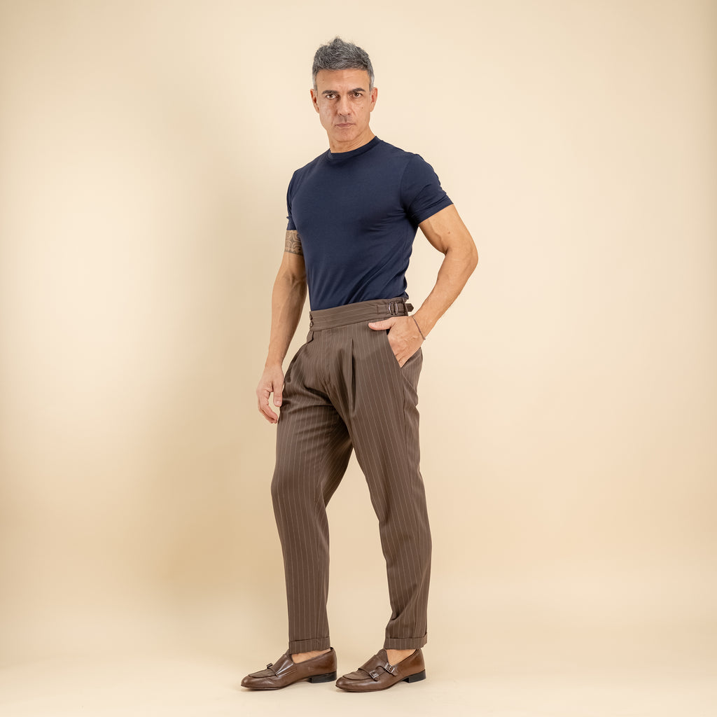 Pinstripe trousers with bustier and side buckle - Brown