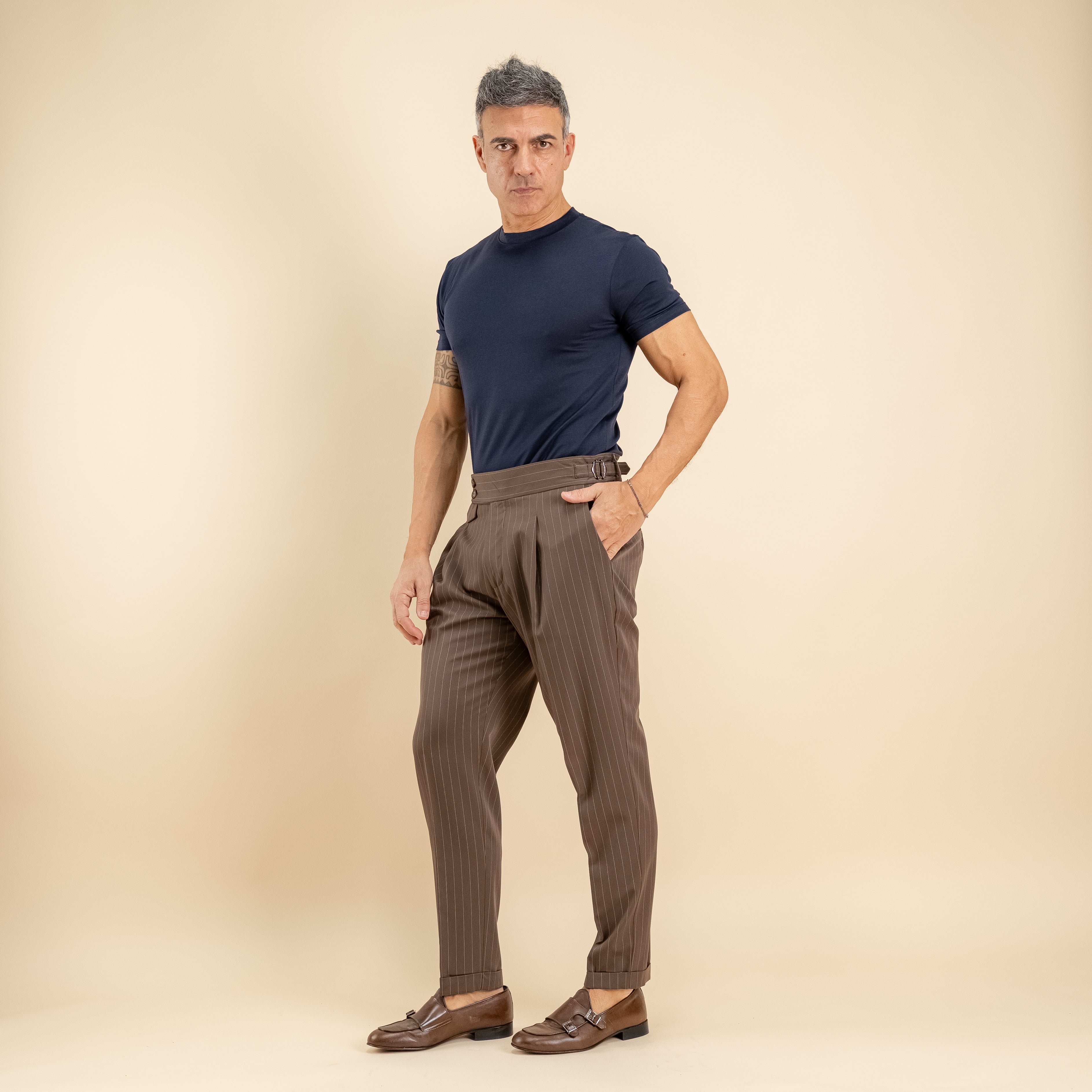 Pinstripe trousers with bustier and side buckle - Brown