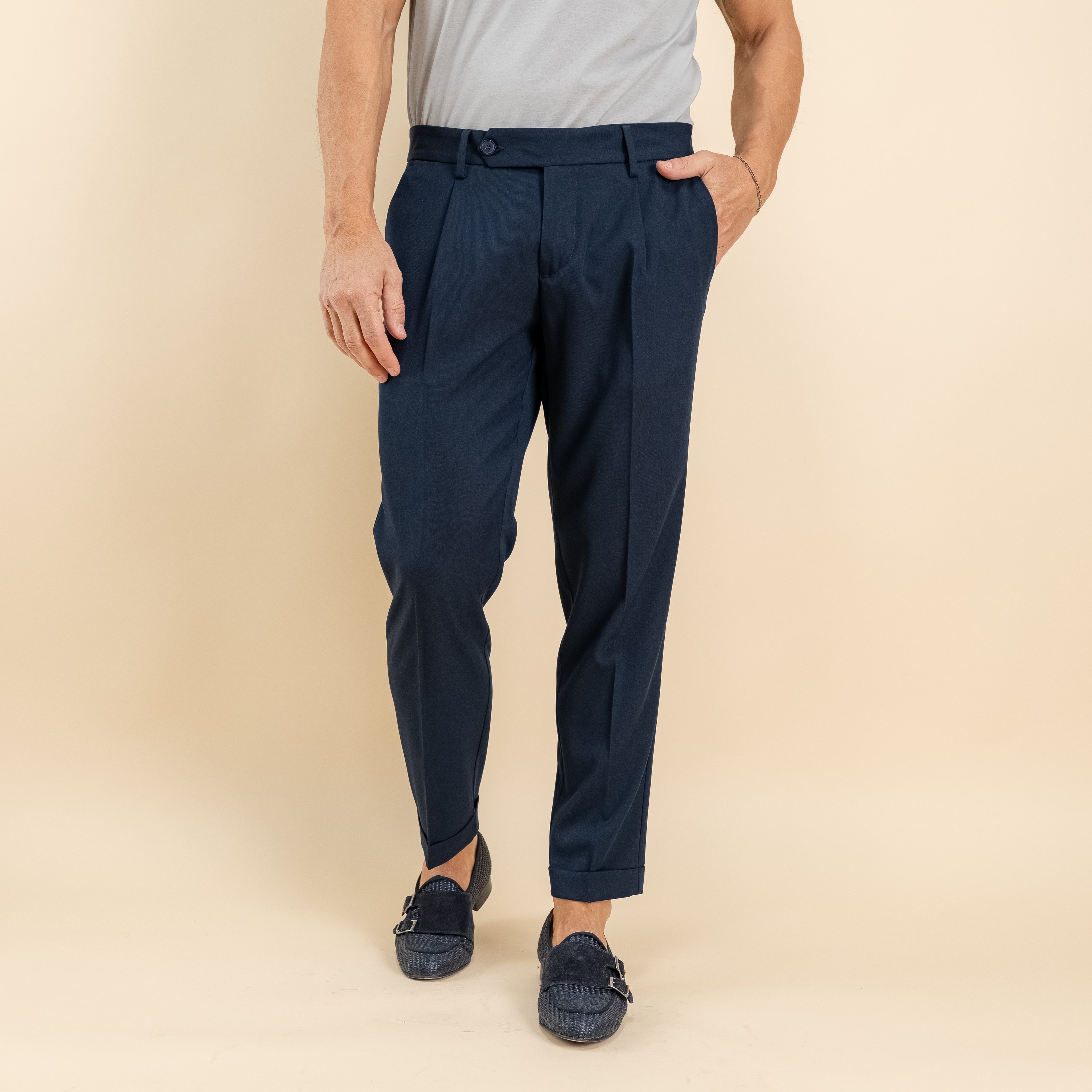 Pantalone slim fit con Pinces e risvolto - Blu Notte