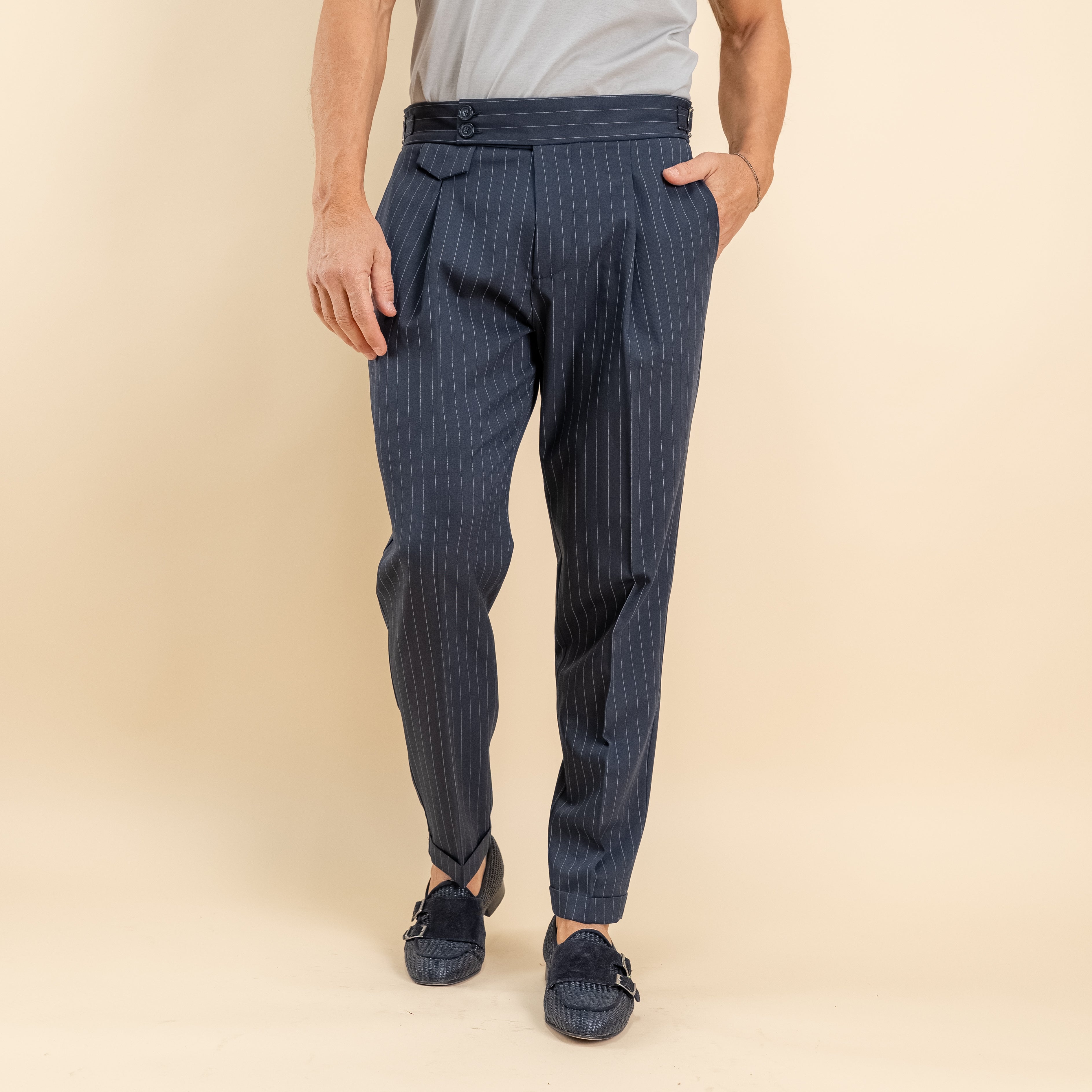 Pantalone gessato con bustino e fibbia laterale - Blu