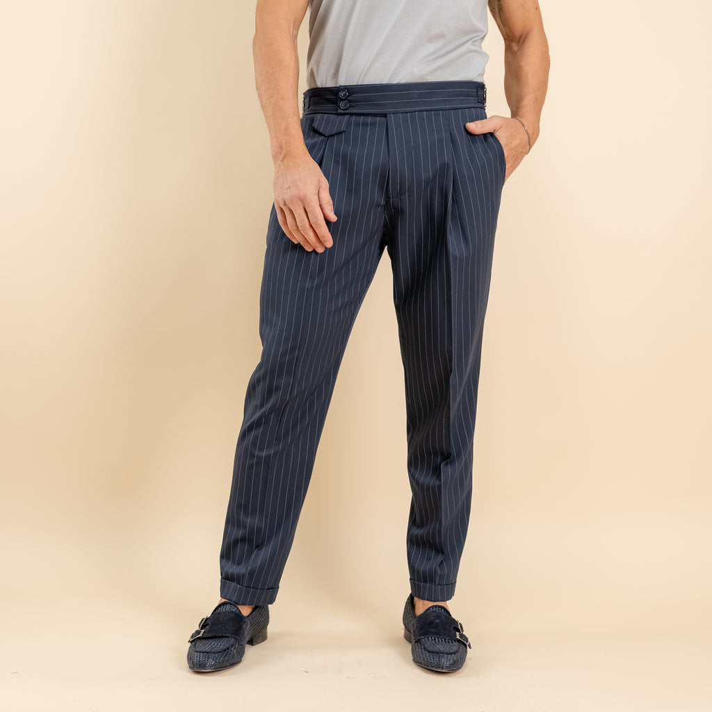 Pinstriped trousers with bustier and side buckle - Blue