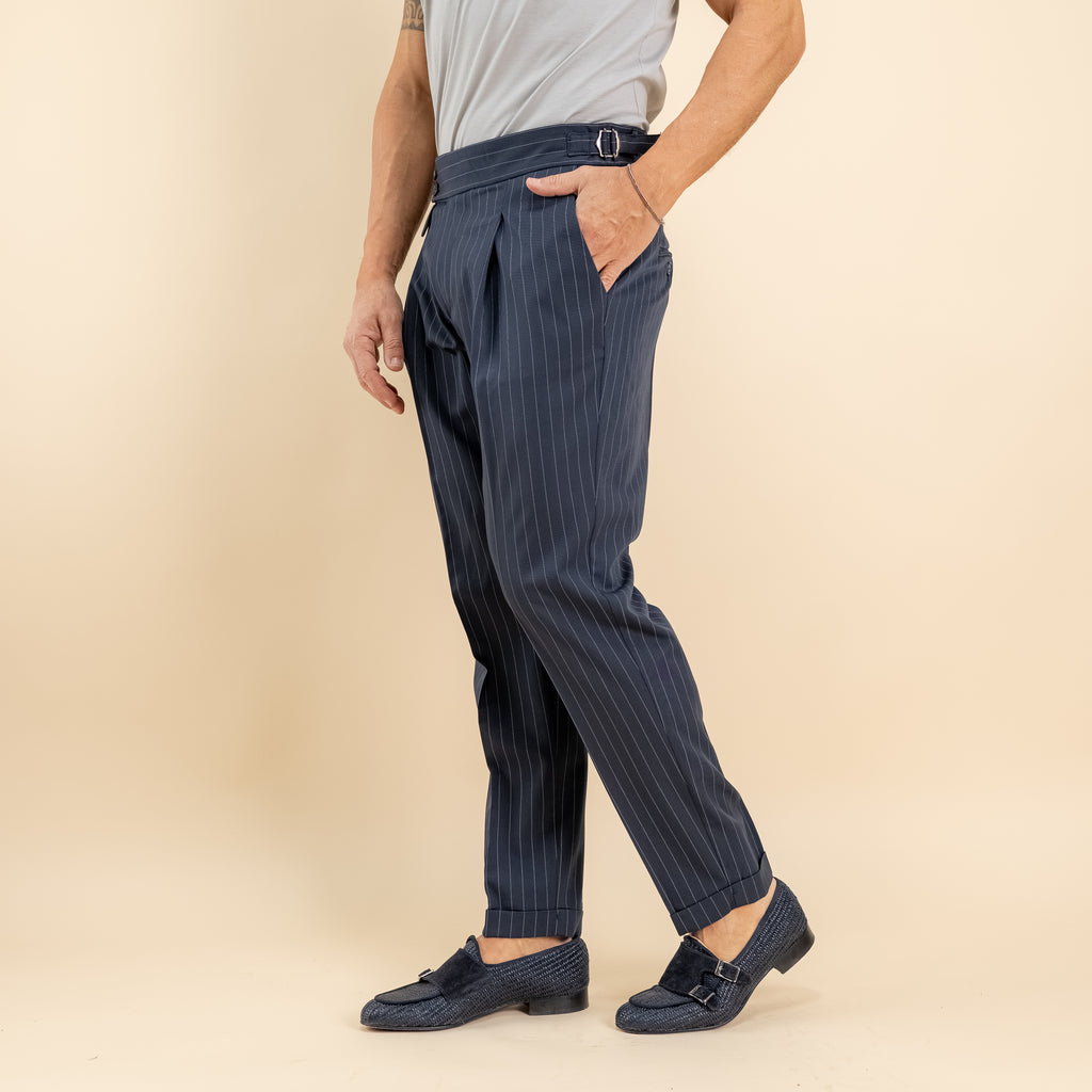 Pinstriped trousers with bustier and side buckle - Blue