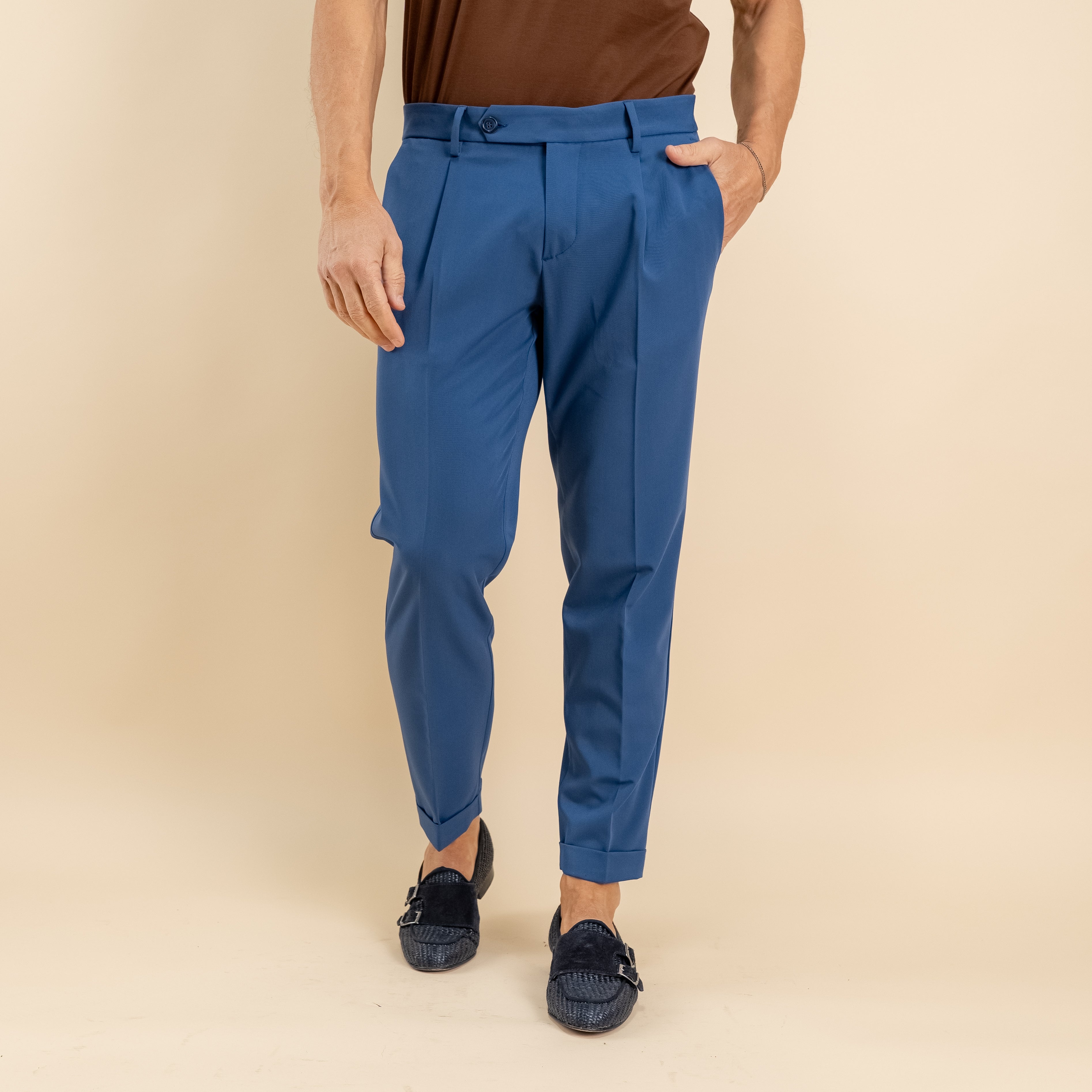 Pantalone slim fit con Pinces e risvolto - Blu Royal