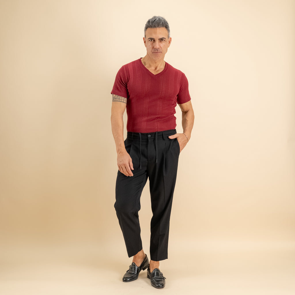Maglia scollo a V traforata - Bordeaux