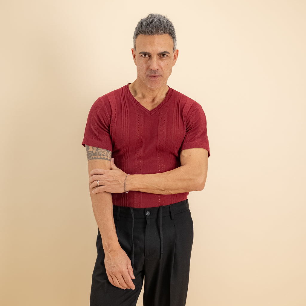 Maglia scollo a V traforata - Bordeaux