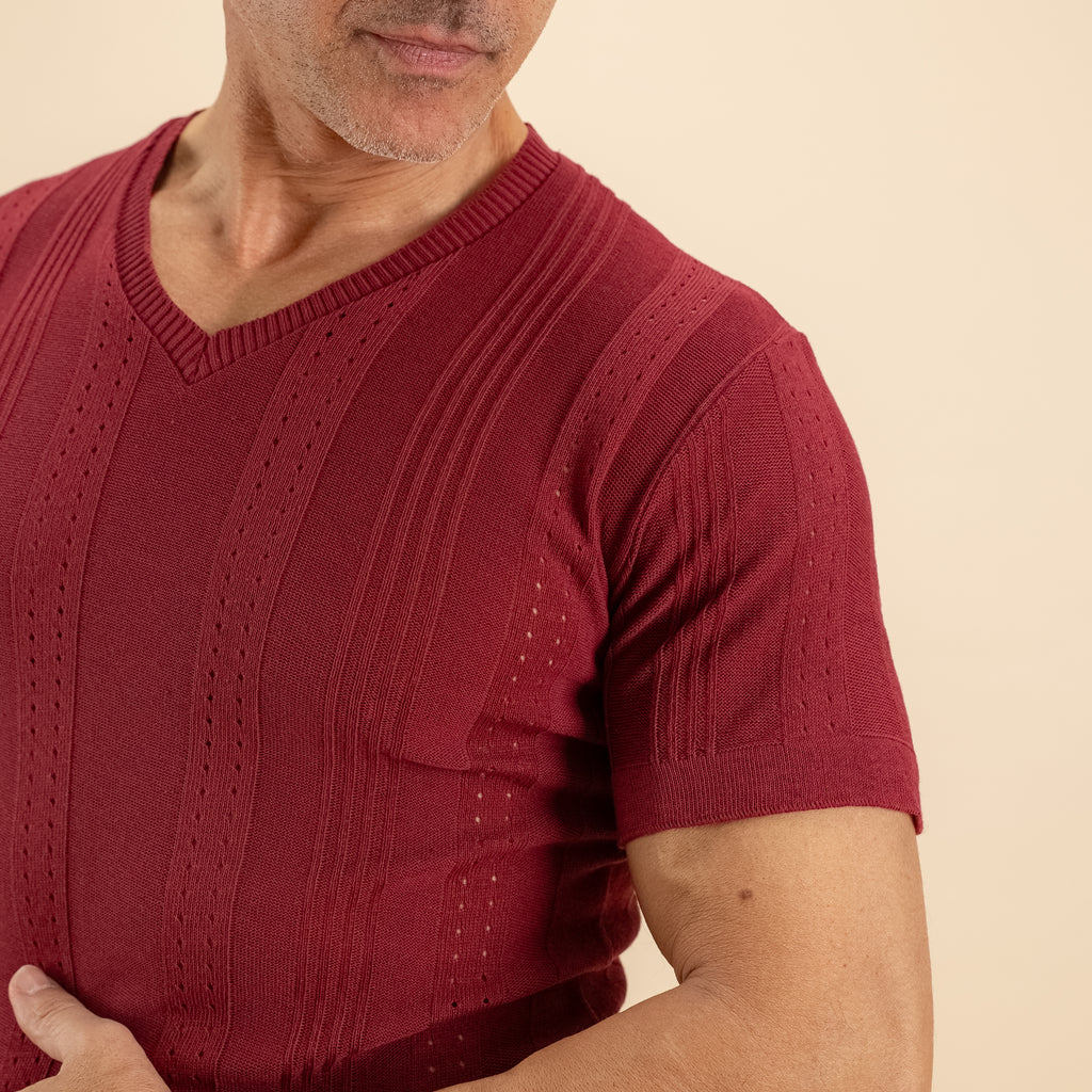 Maglia scollo a V traforata - Bordeaux