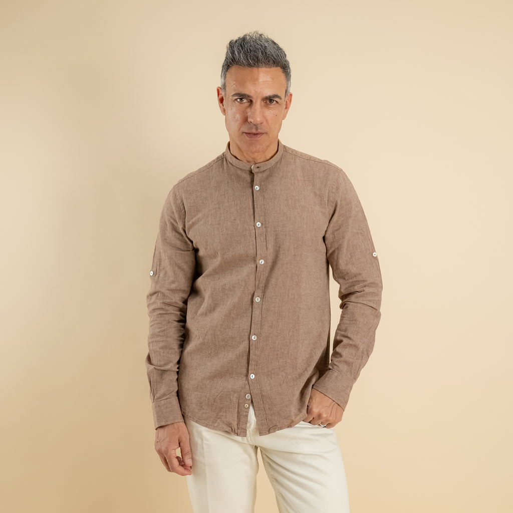 Camicia con colletto coreano in misto lino - Moro