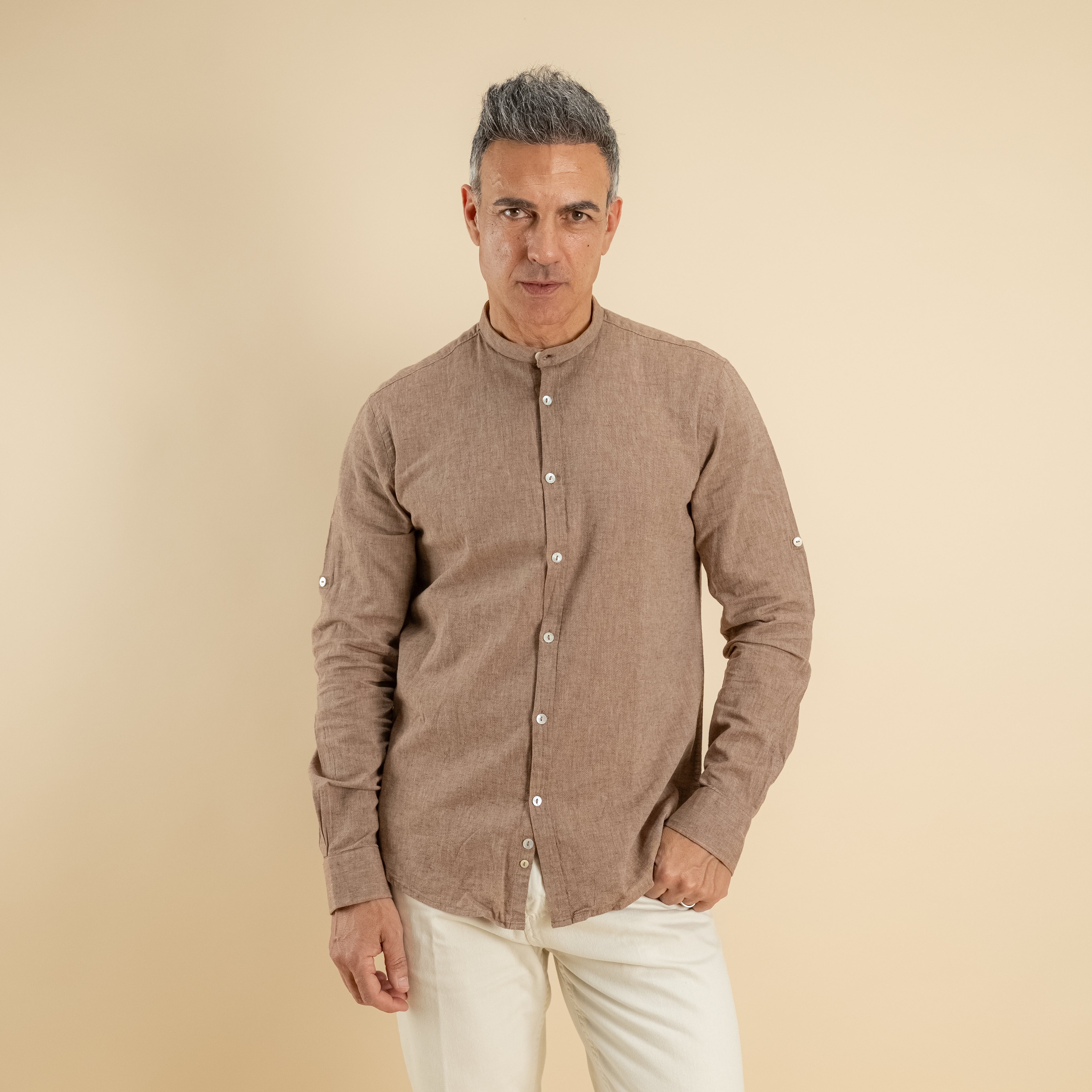 Camicia con colletto coreano in misto lino - Moro