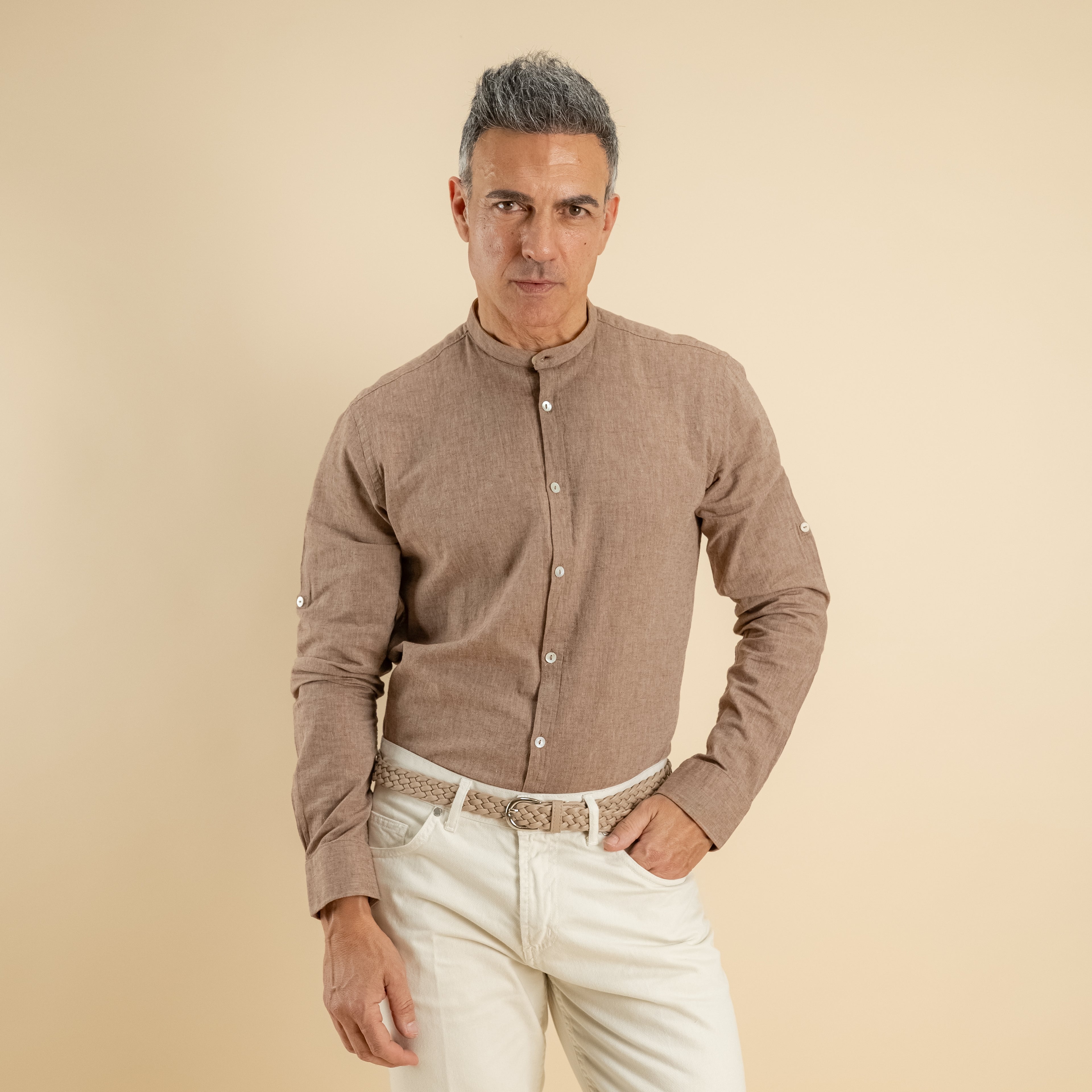 Camicia con colletto coreano in misto lino - Moro