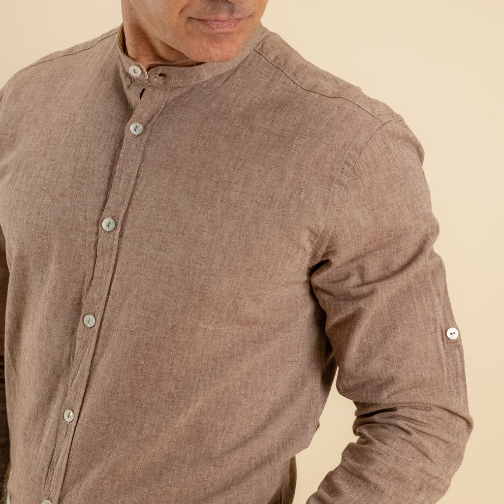 Camicia con colletto coreano in misto lino - Moro