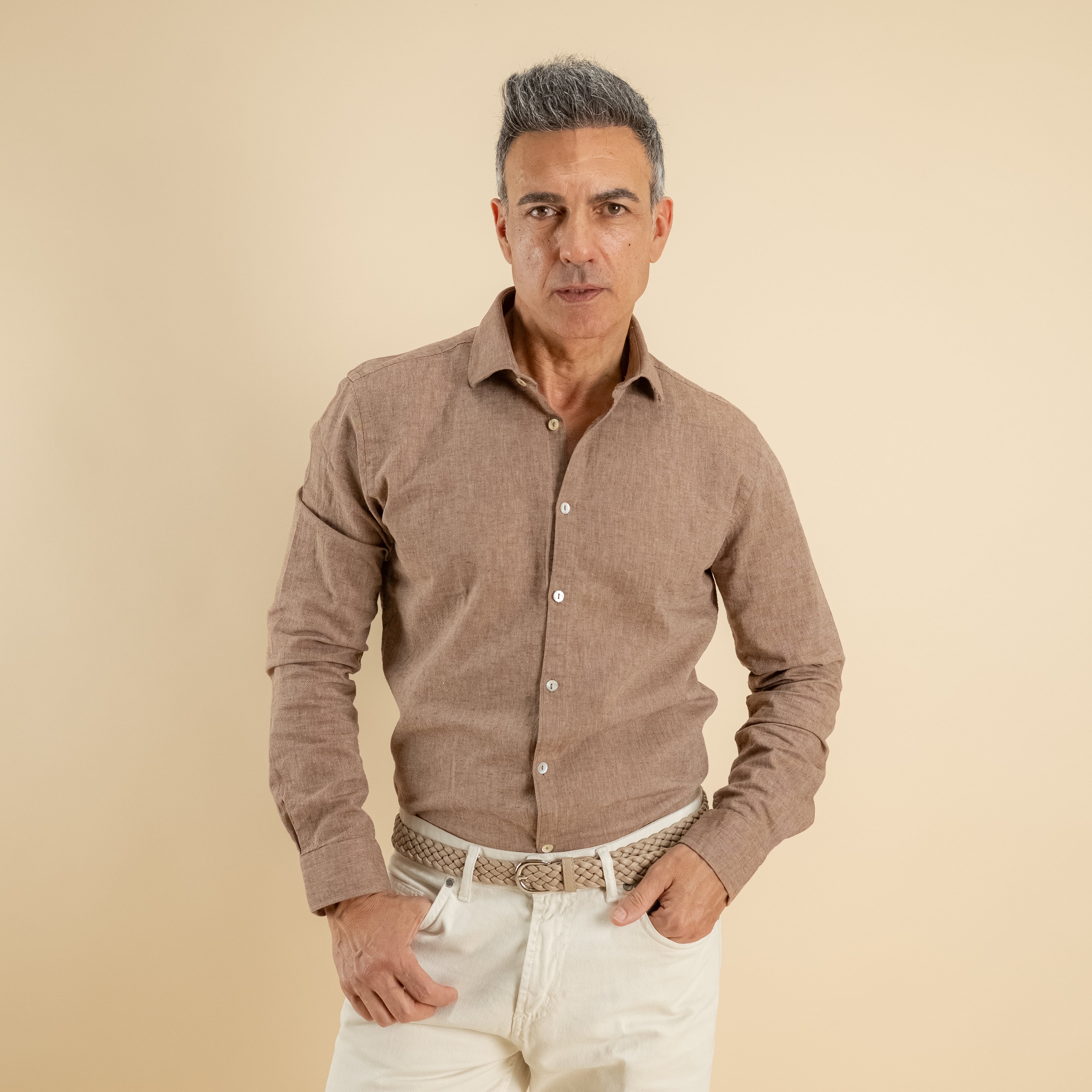 Camicia sartoriale in misto lino - Moro
