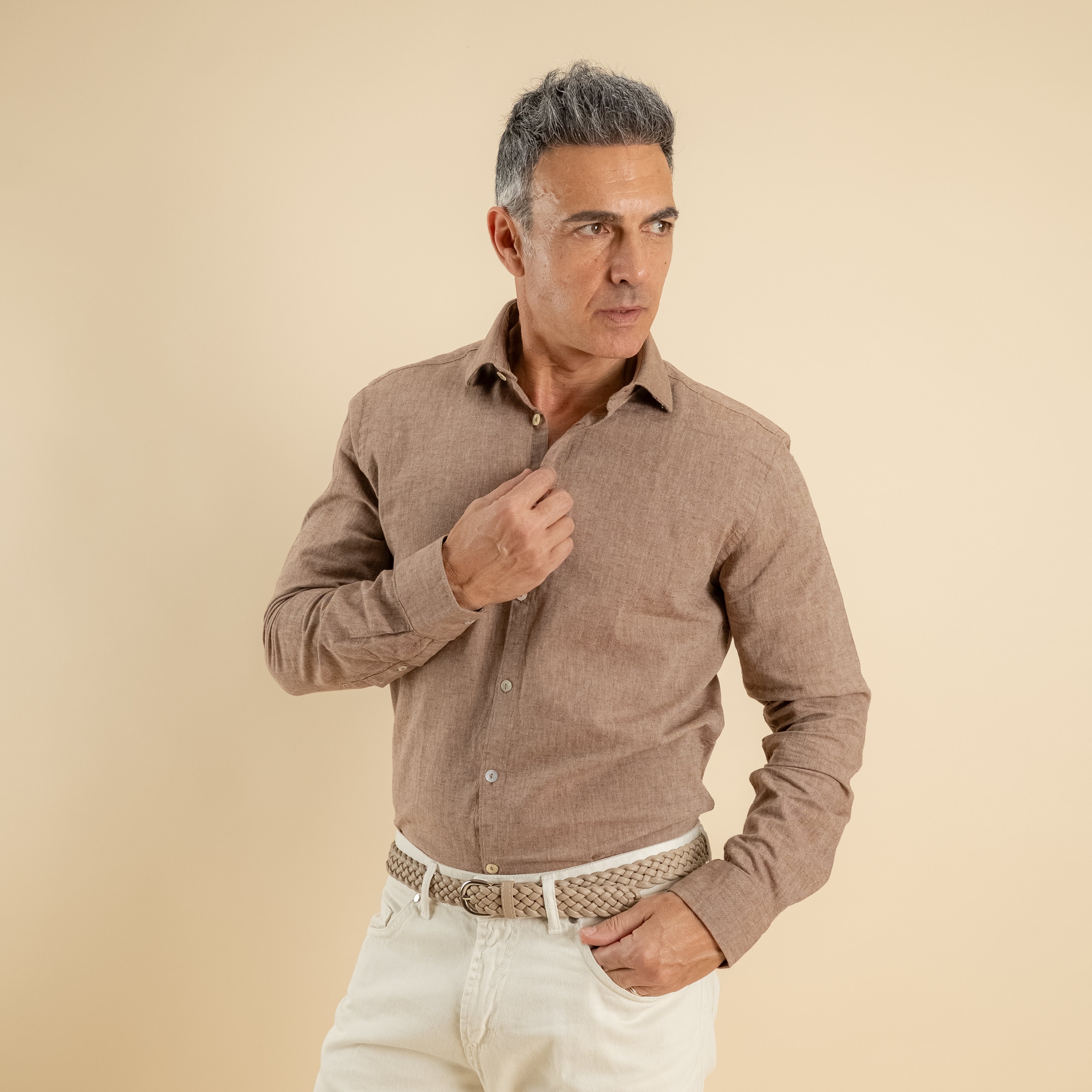 Camicia sartoriale in misto lino - Moro