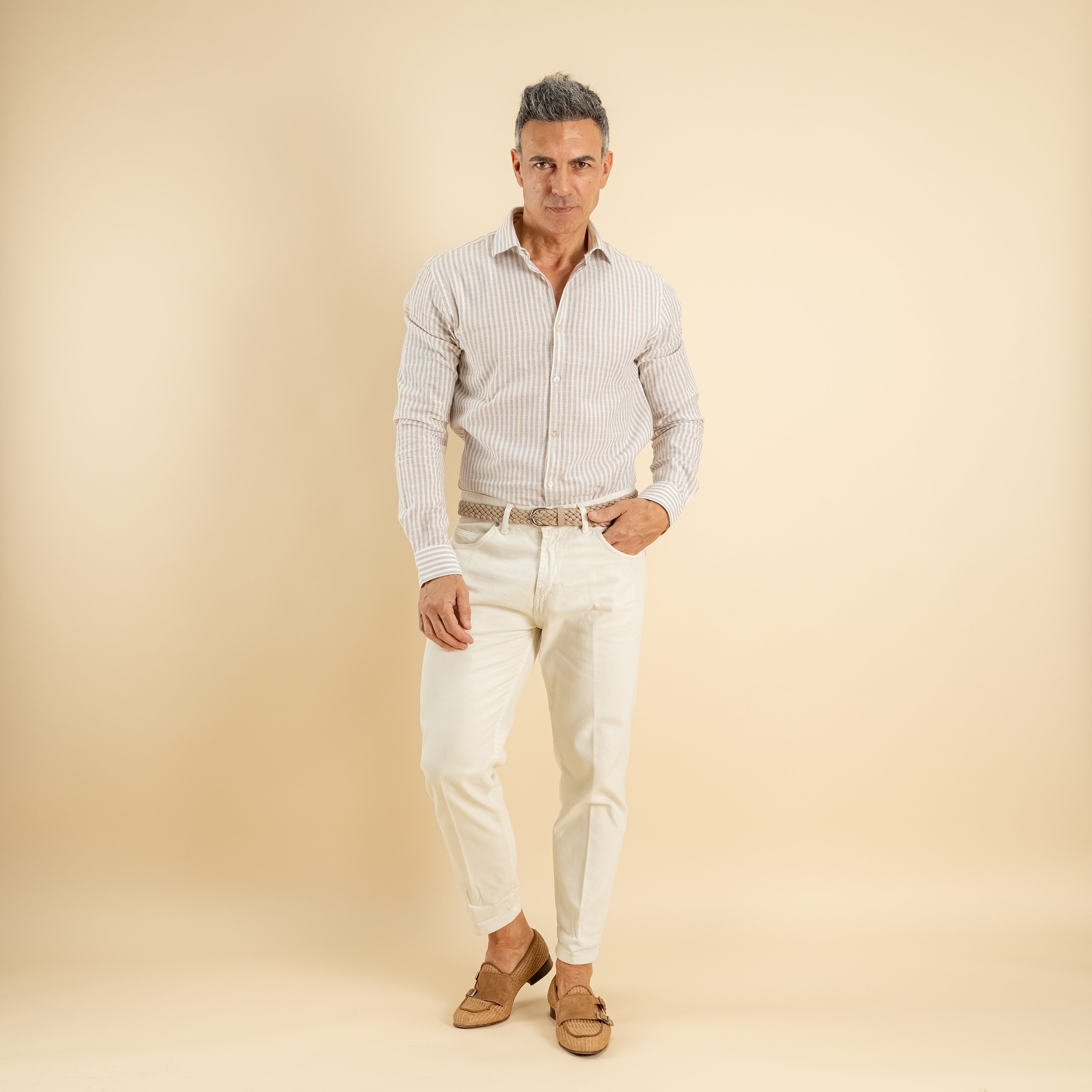 Camicia a righe in misto lino - Beige