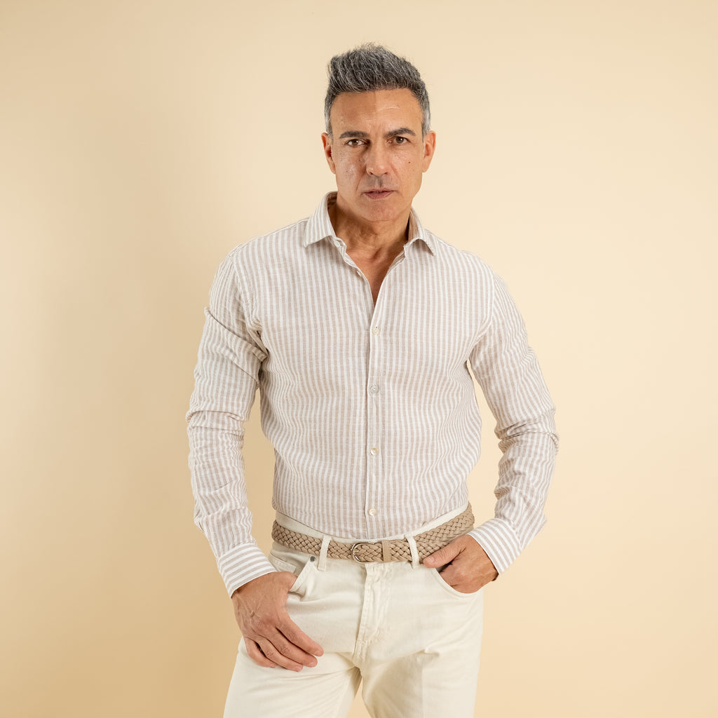 Camicia a righe in misto lino - Beige