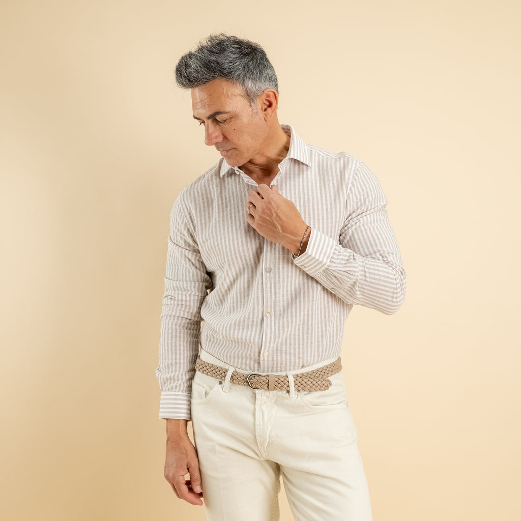 Camicia a righe in misto lino - Beige